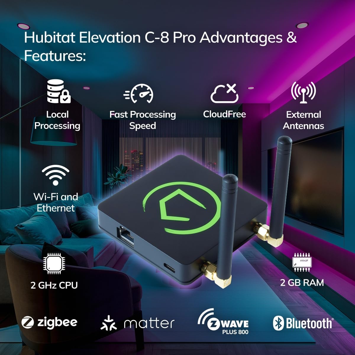 Hubitat Elevation C-8 Pro Smart Home Automation Hub – Latest Platform Updates – Matter 1.5, Z-Wave 800 LR, Zigbee 3.0 & Bluetooth – Local Control (No Cloud) – Alexa, Apple HomeKit & Google Home