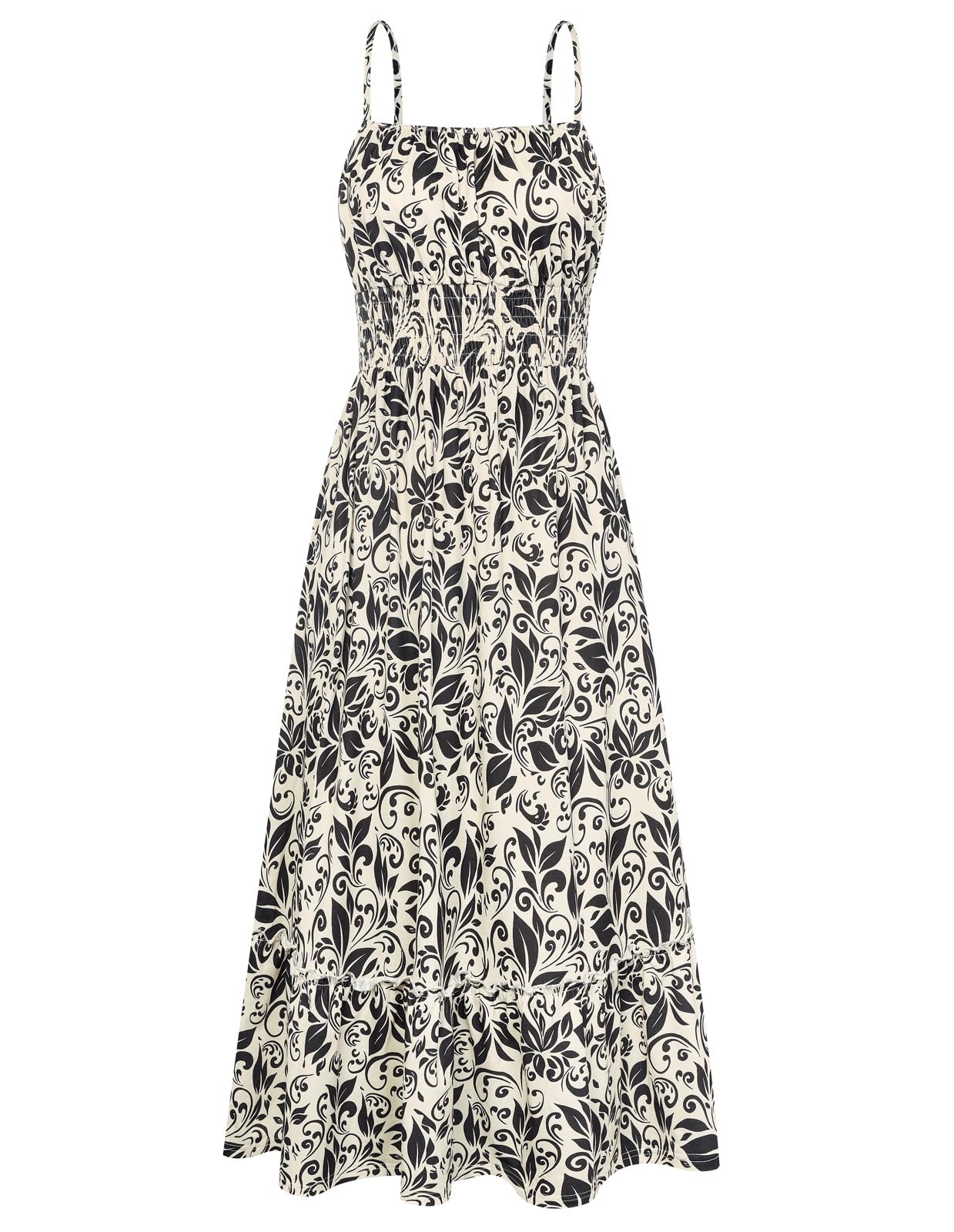 GRACE KARIN Summer Dresses for Women 2026 Vacation,Smocked Floral Maxi Dresses,Boho Beach Long Sundress Beige Black S