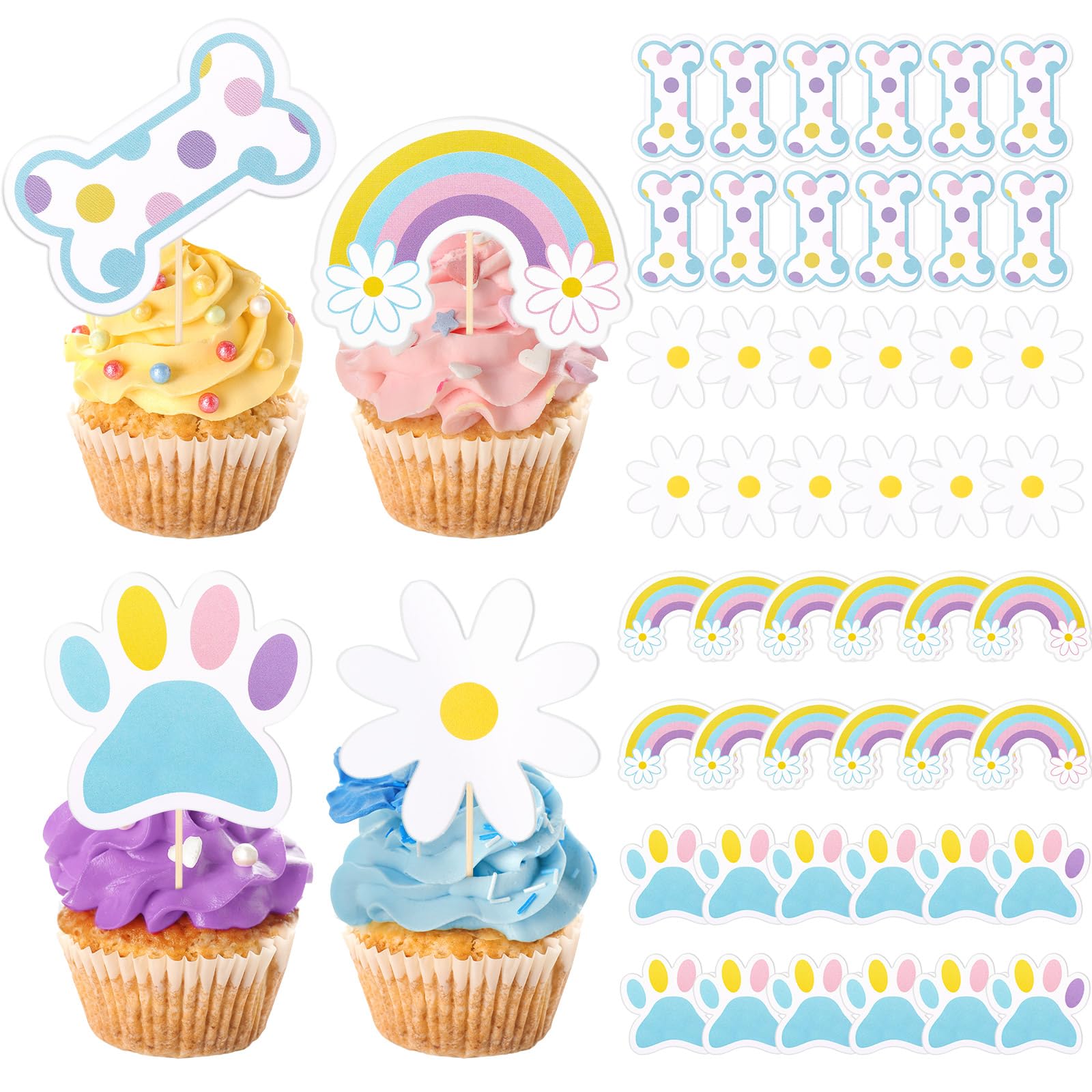 Foilswirl 48 Pcs Blue Dog Cake Cupcake Toppers Set Cartoon Paw Daisy Dog Cake Topper Birthday Decorations Flowers Daisy and Rainbow Topper Party Supplies for Blue Puppy Theme Shower Supplies