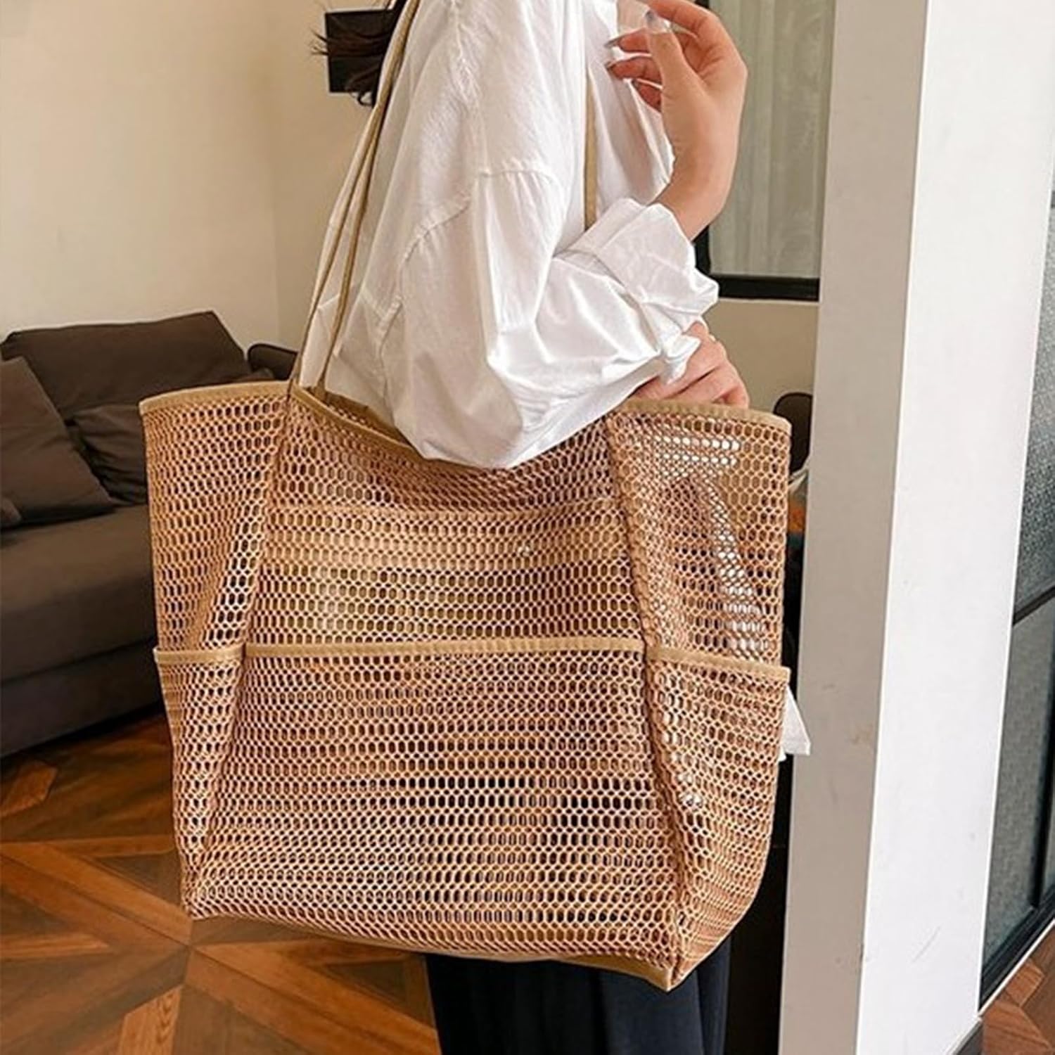 Large Beach Bags for Women, Mesh Beach Tote with Zipper, Foldable Pool Tote Bag Travel Beachbag Waterproof Sandproof - Image 9