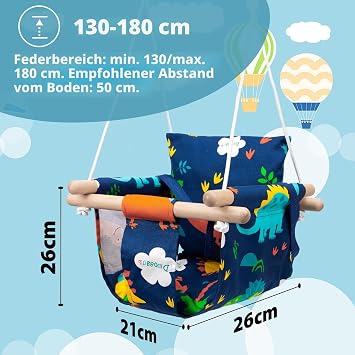 Swing for Baby Children with Safety Belt Stainless Steel Carabiner Soft Cushion up to 50 kg Adjustable Length CE Environment Fabric Dinosaur Pattern for Garden Indoor Outdoor