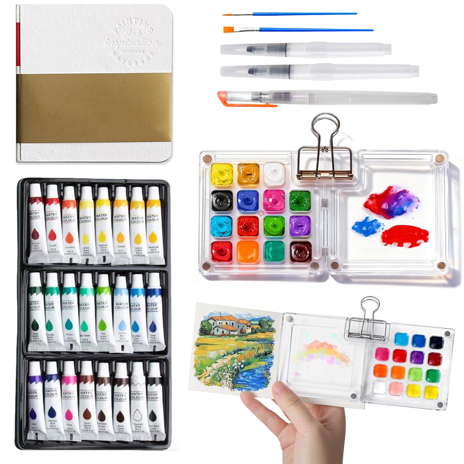 Vurlexat Mini Watercolor Paint Set, 24 Colors Pocket Watercolour Set for Travel, Portable Artist Mini Painting Kit with 15 Grids Palette, Sketchbook, 3*Brushes, 2*Watercolor Pens(24 Colors)