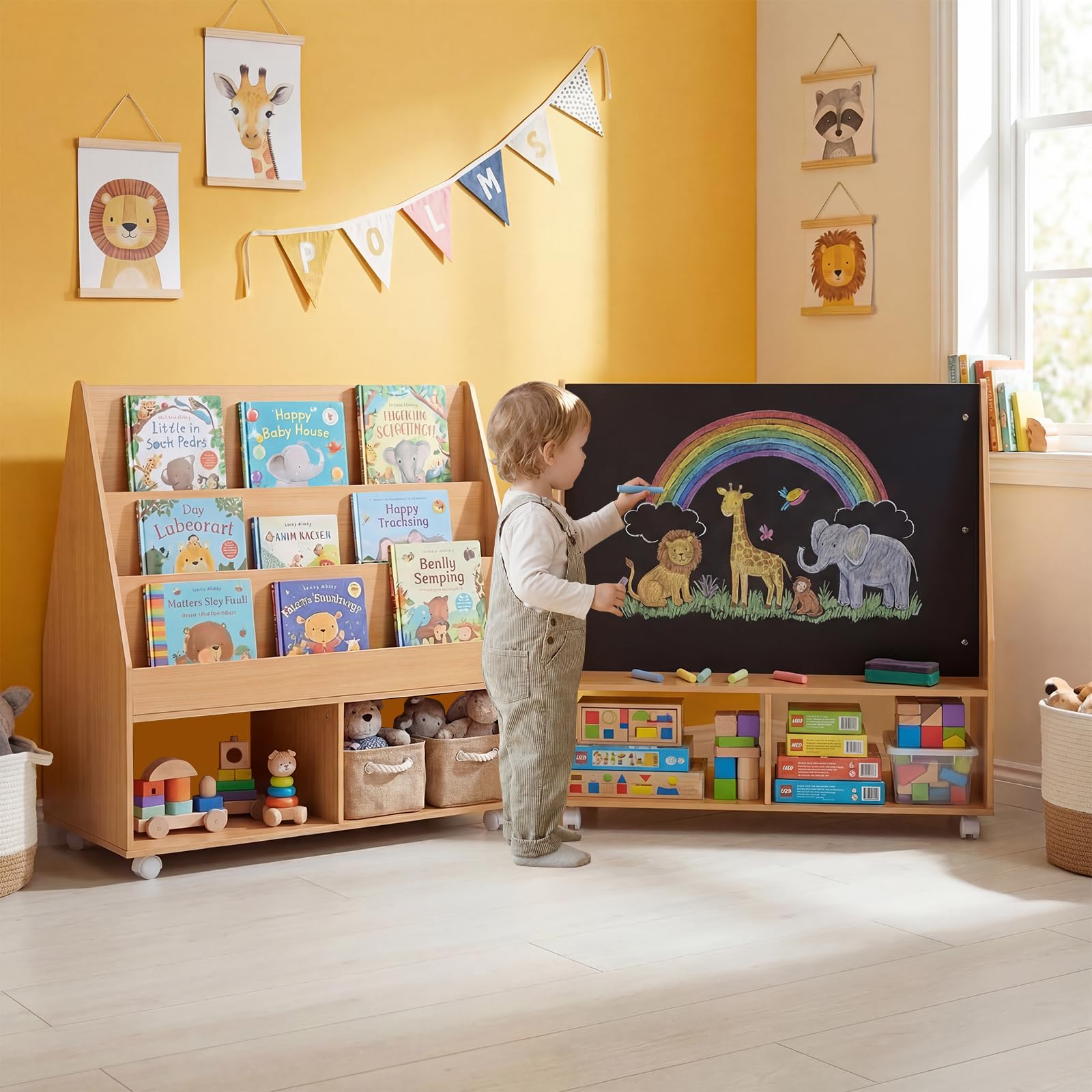 COSTWAY Libreria Montessoriana per Bambini, Scaffale per Giocattoli in Legno con Lavagna e 5 Ruote, Libreria a 3 Ripiani e Scomparti, per Cameretta e Asilo Nido, 90 x 45,5 x 87 cm (Naturale)