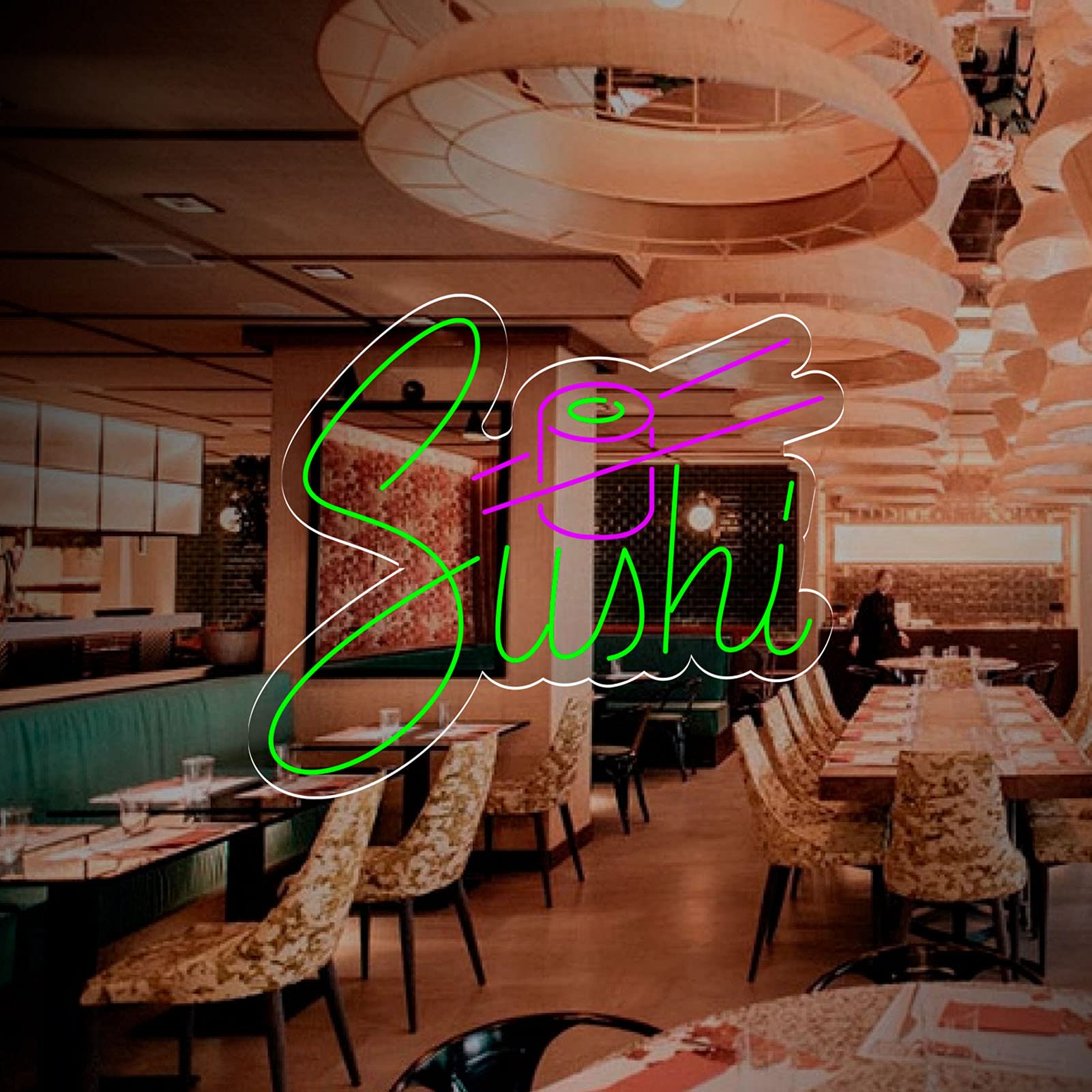 Neon Luces Pared Carteles Letrero Comida Restaurante Feliz -55cm - Personalizable - Multi modelos para elegir - Con Mando a la Distancia- Interior (Neón para Restaurante de Sushi)