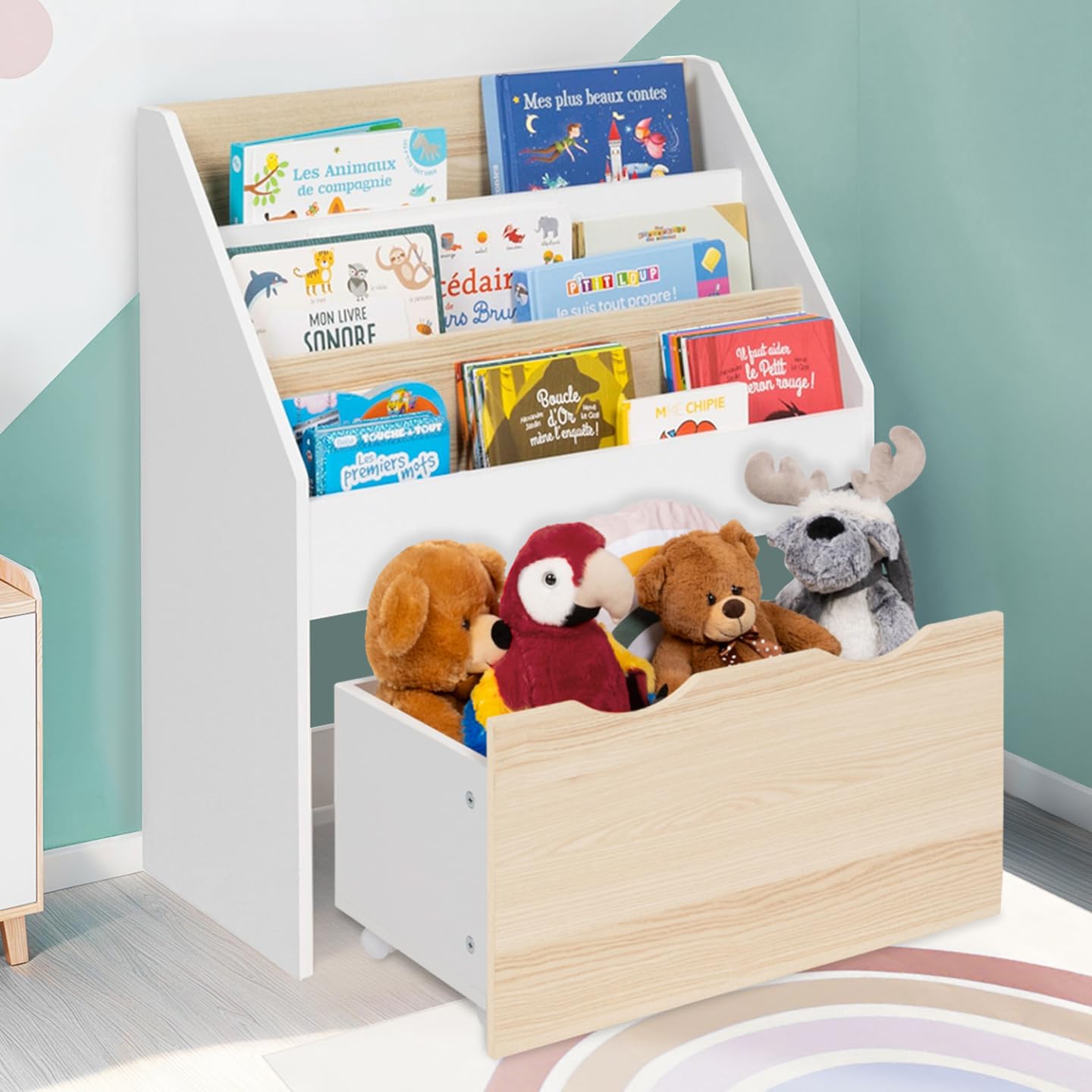 IDMarket - Meuble de Rangement bibliothèque Enfant Mana 3 étagères et 1 bac sur roulettes Blanc et hêtre
