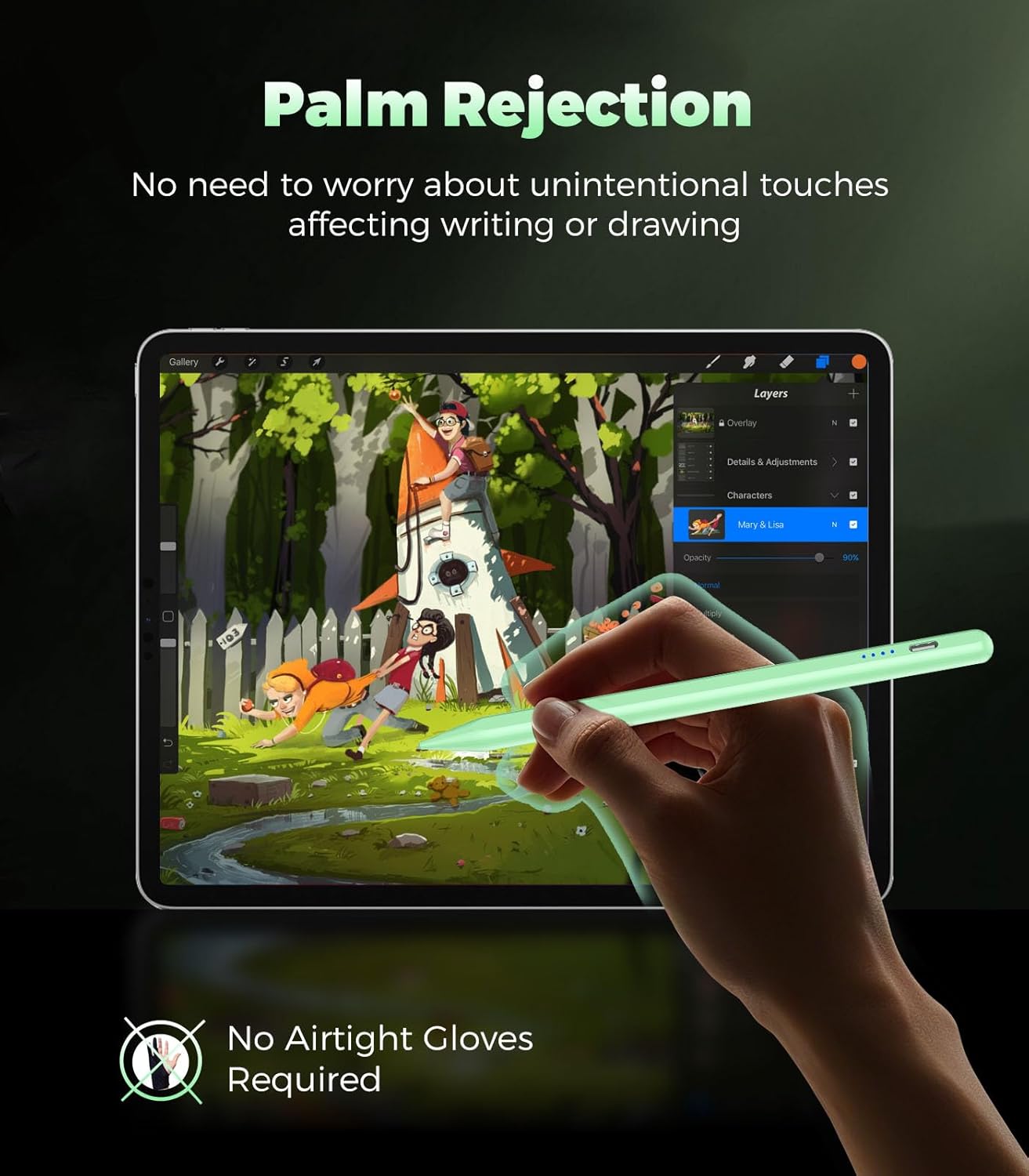 Hand resting on an iPad screen while using the stylus, demonstrating palm rejection
