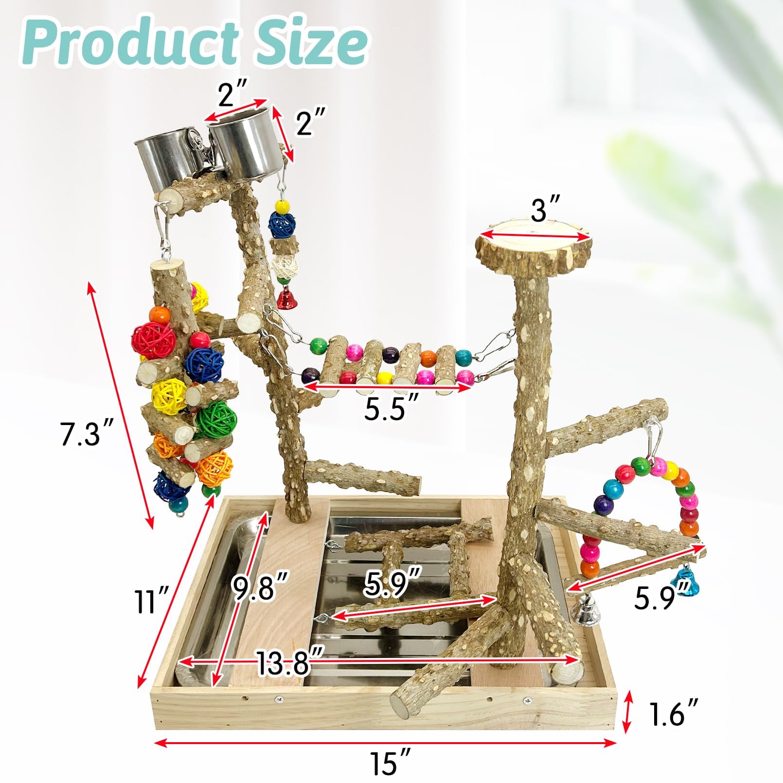 PINVNBY Bird Playground Natural Wood Parrot Perch Stand Bird Play Gym Colorful Ladder Swing Chewing Toys with Metal Tray and 2 Stainless Steel Cups Cage Accessories for Conure Cockatiel Parakeet - image 2