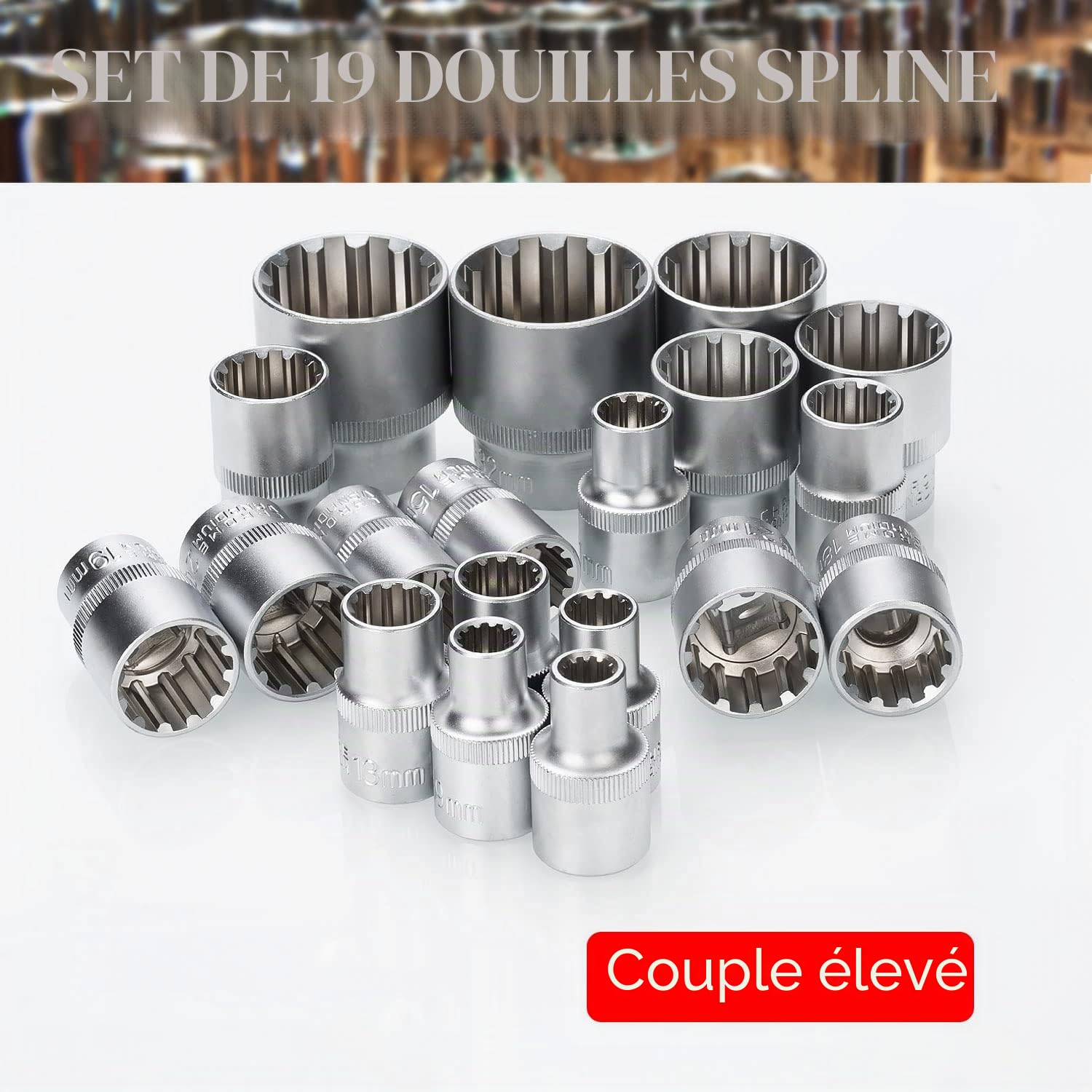 Pièces Jeu de Douilles, douze pans, Douille Multi Empreinte 12 pans 1/2" | 8-32mm I Acier CR-V