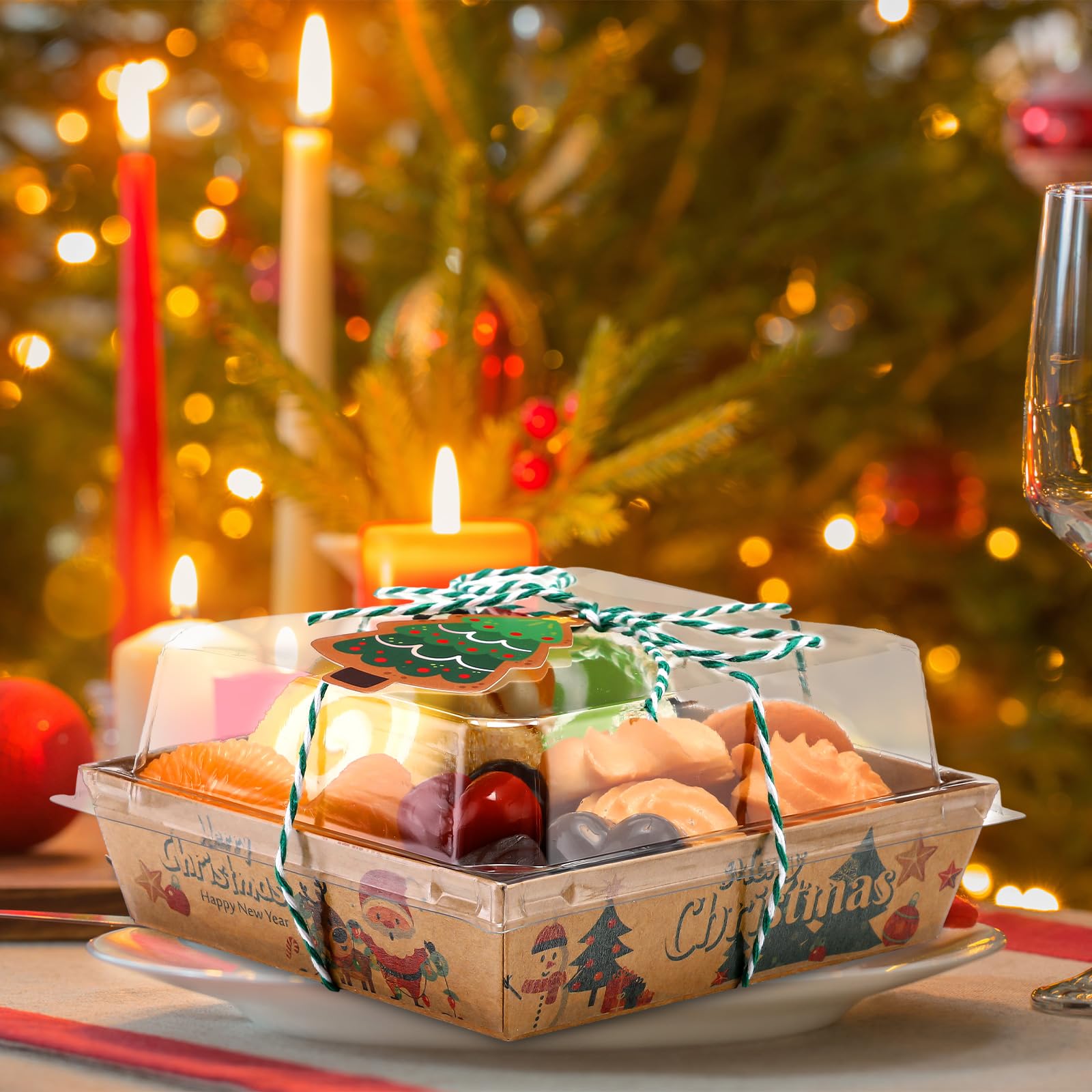 Sliner Scatole di carta per salumi di Natale con coperchio trasparente, mini scatole usa e getta per dolci per panini, biscotti, sushi, fette di torta, fragole (24)