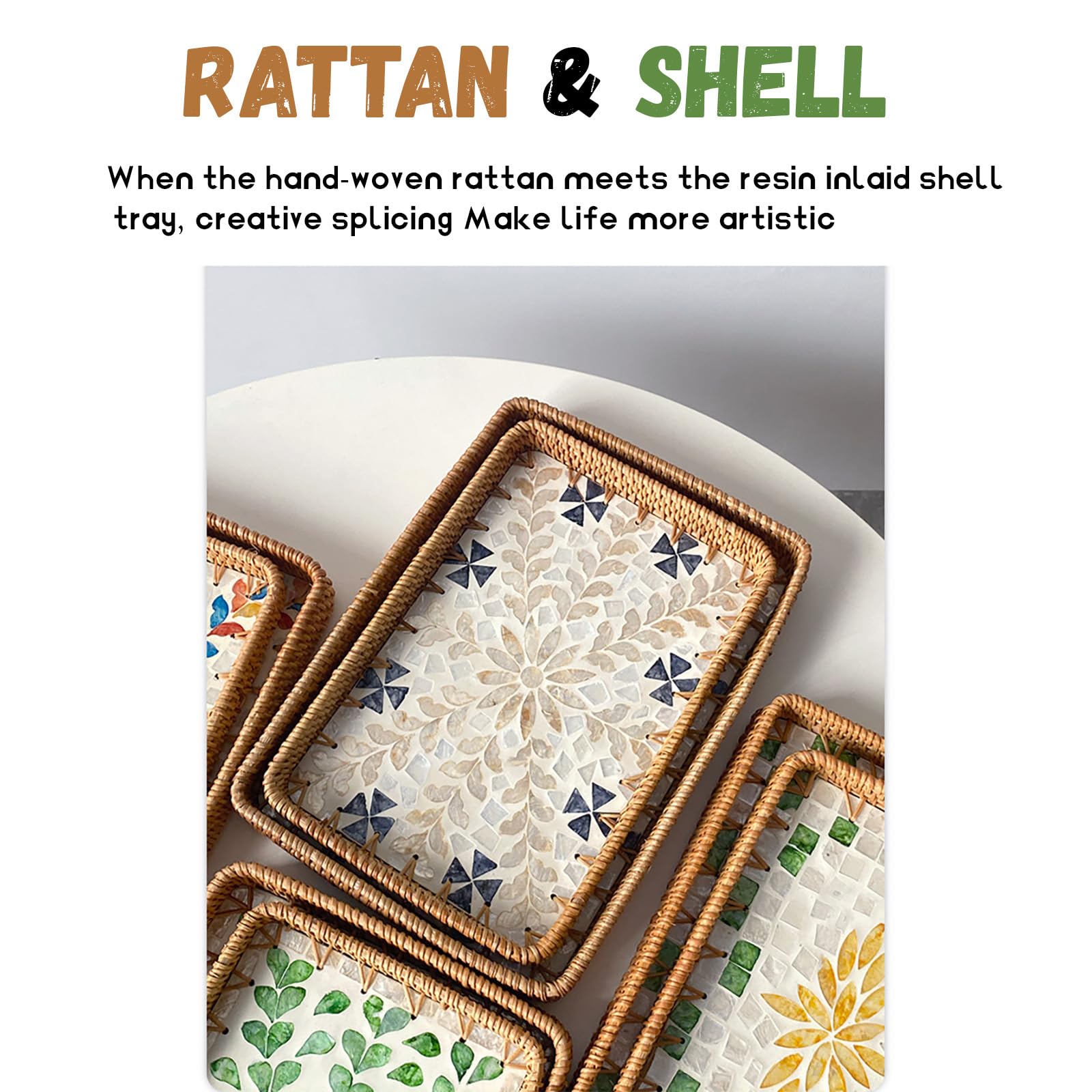 Bandeja de ratán para servir con incrustaciones de nácar, bandeja rectangular de ratán, cesta de almacenamiento de mimbre, bandeja decorativa para decoración del hogar,Center of the circle-Set of 2