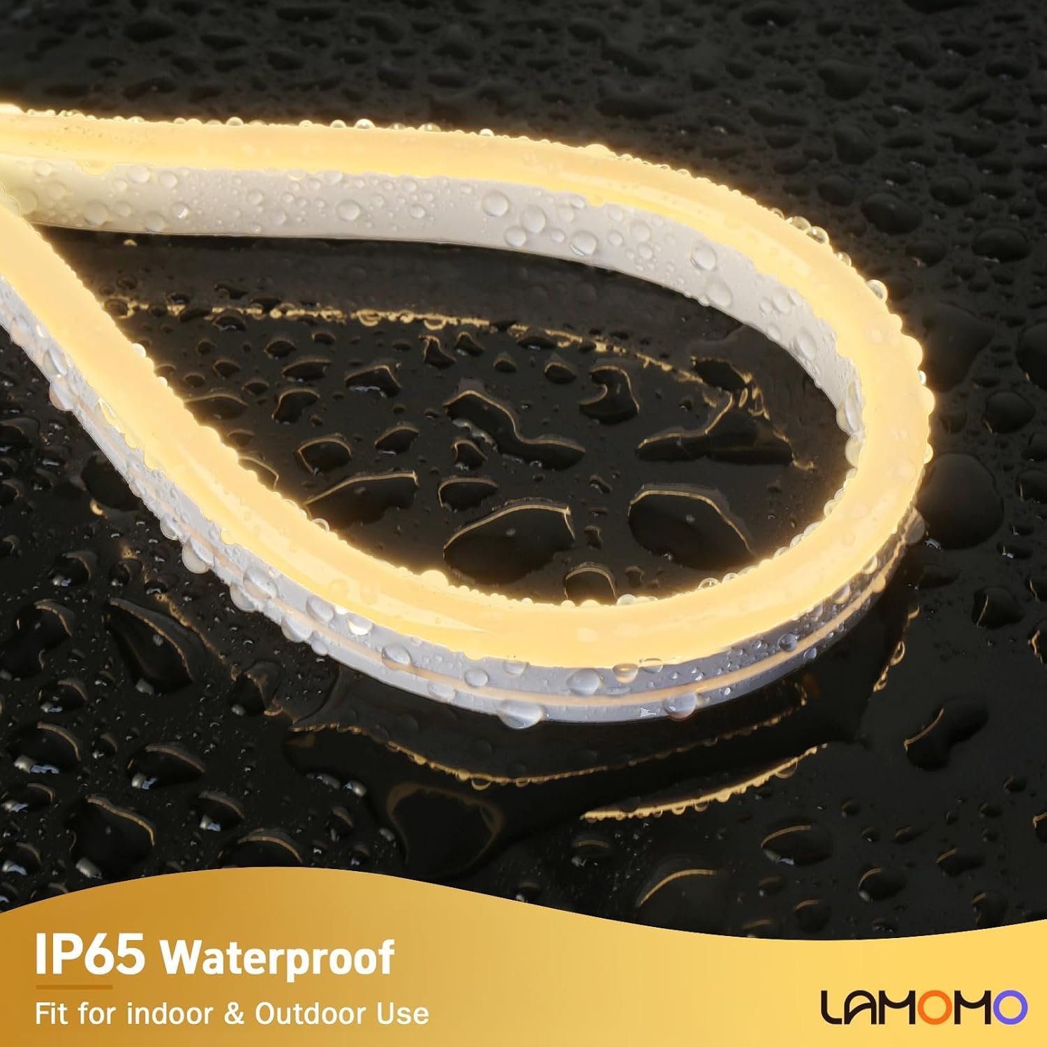 Close-up image of the IP65 waterproof LED neon rope light with water droplets.
