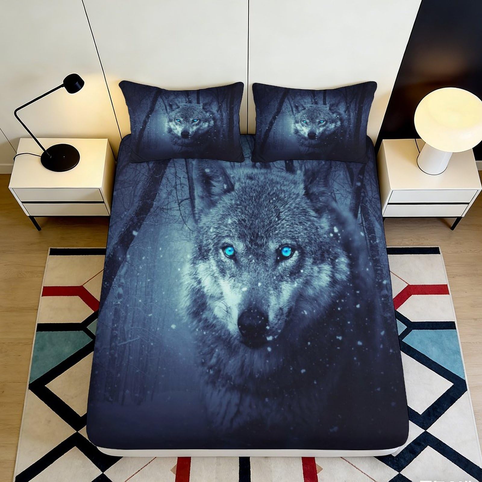 3D Printed Blue Wolf Fitted Sheet Microfiber Soft Snow Forest Bed Cover for Bedroom Guest Room Decor 90x200x25cm