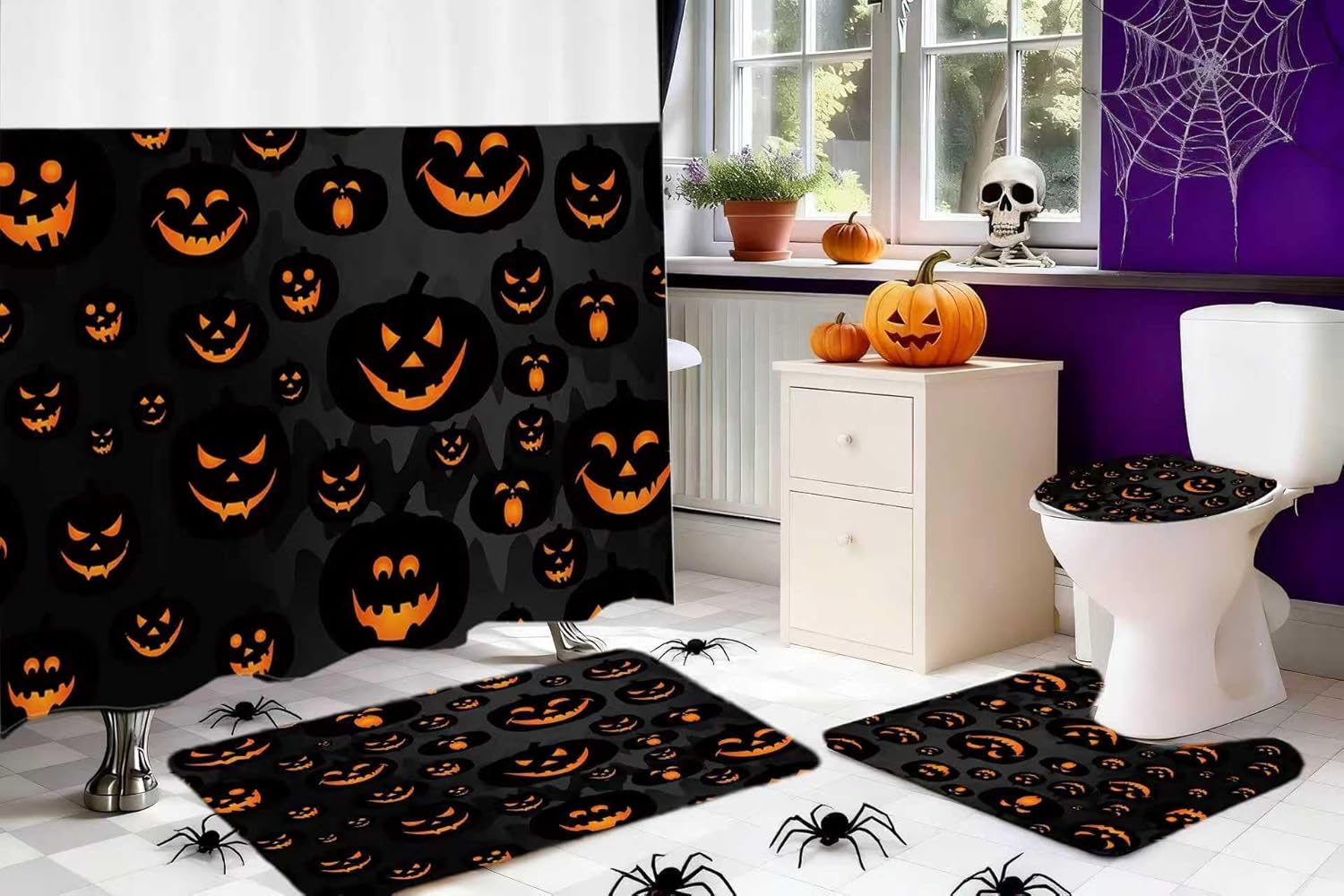 Hookless Halloween Shower Curtain Set with Rugs, Pumpkin Bathroom Halloween Decorations, U Shaped Rug, Toilet Lid Cover, Bath Mat, Waterproof Fabric Evil Pumpkin Design, 71" W x 74" L