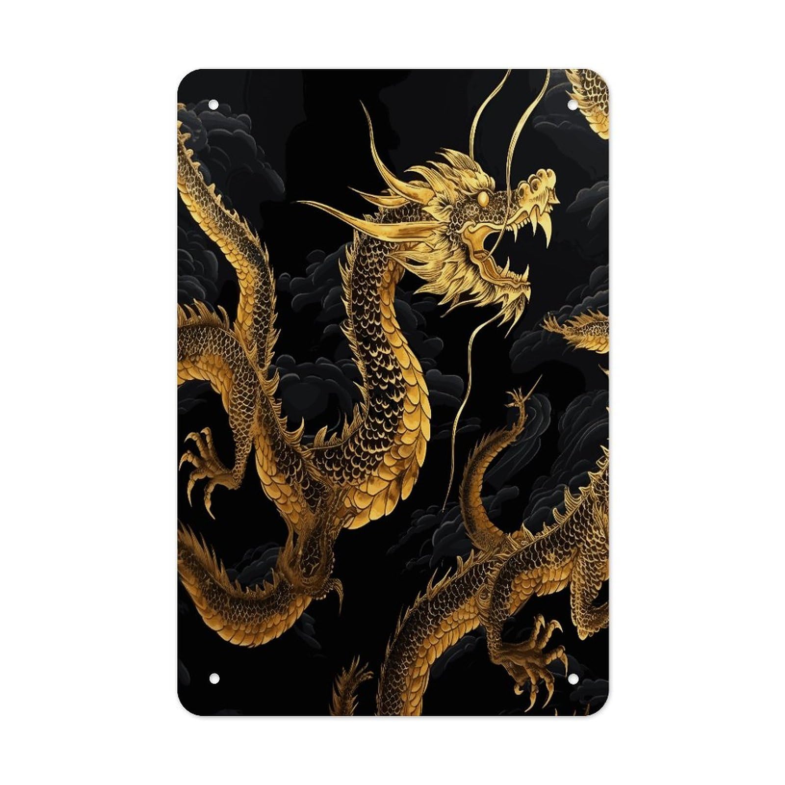 LDGSUPH Yellow Dragon Black Background Wall Art Prints Folded Edge Iron Sheet Painting with Holes for Wall Prints Decorative Picture Metal Signboard Decor Painting for Outdoor Indoor Wall Decor