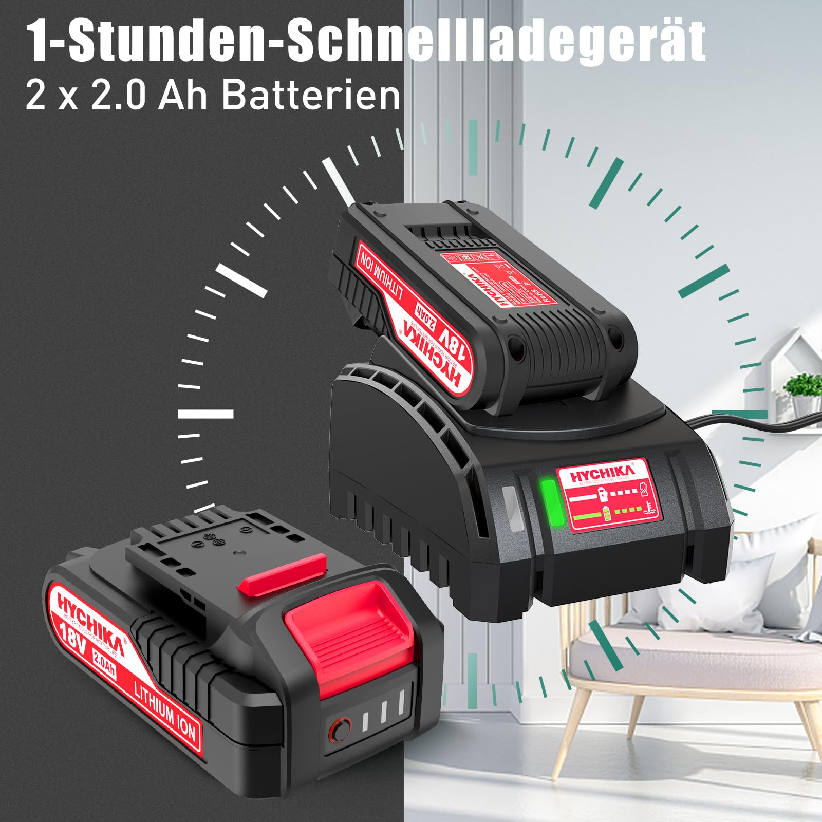 HYCHIKA Säbelsäge, 18V Akku Universalsäge, Reciprosäge mit 2x2.0Ah Batterien, mit variabler Drehzahl von 0-2800 SPM, 2 Sägeblätter, Schnellladegerät, LED Licht,Ideal zum Schneiden von Holz und Metall