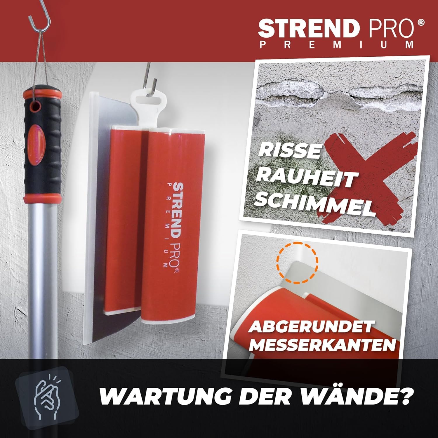STREND PRO Flächenspachtel Set PREMIUM V2 | inkl. Fassadenspachtel 1000mm, 800mm, 600mm, 400mm, 250mm Glättspachtel, Teleskopgriff, Transportkoffer | PROFI Z Spachtel Set für Trockenbau, Verputzer