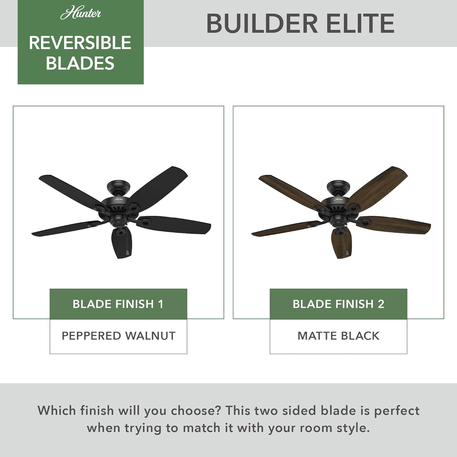 Hunter 52 inch Indoor Ceiling Fan No Light with Pull Chain - Black Ceiling Fan without Light, Standard Mount, 5 Blades, For Bedroom, Living Room, or Kitchen - Builder Elite 53243, Matte Black