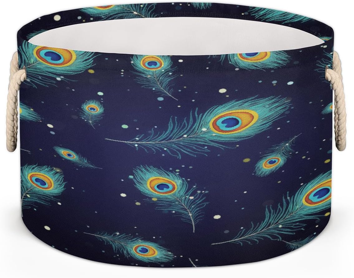 Large Storage Baskets - Peacock Feather Nursery Round Collapsible Organizer Bin Box, Laundry Hamper for Kids Toys, Blanket, Bedroom Living Room Home Decor, Gift Basket, 19.4"x13.3"