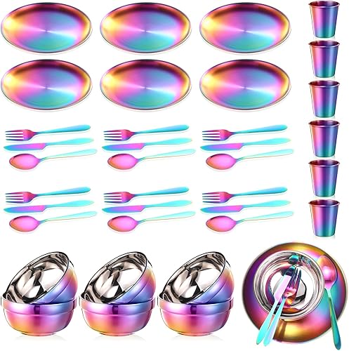 Honeydak El kit de vajilla de 36 piezas de acero inoxidable incluye juego de 6 platos, tazones, cucharas, tenedores, cuchillos, cubiertos para