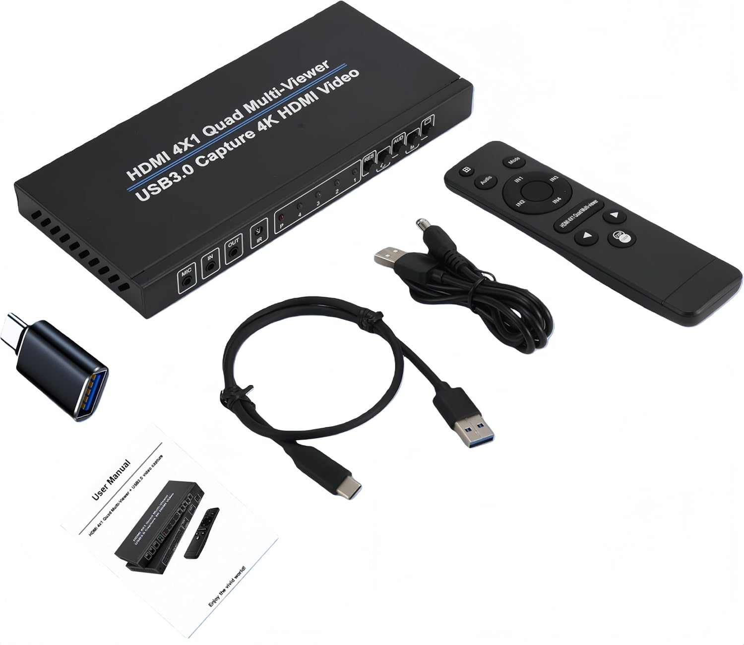 ACHAVE Video Switcher for Live Streaming,HDMI 4x1 Quad Multi-Viewer with USB 3.0 Capture, 4K Video Converter, 10 Display Modes, Live Streaming Compatible, Black Metallic