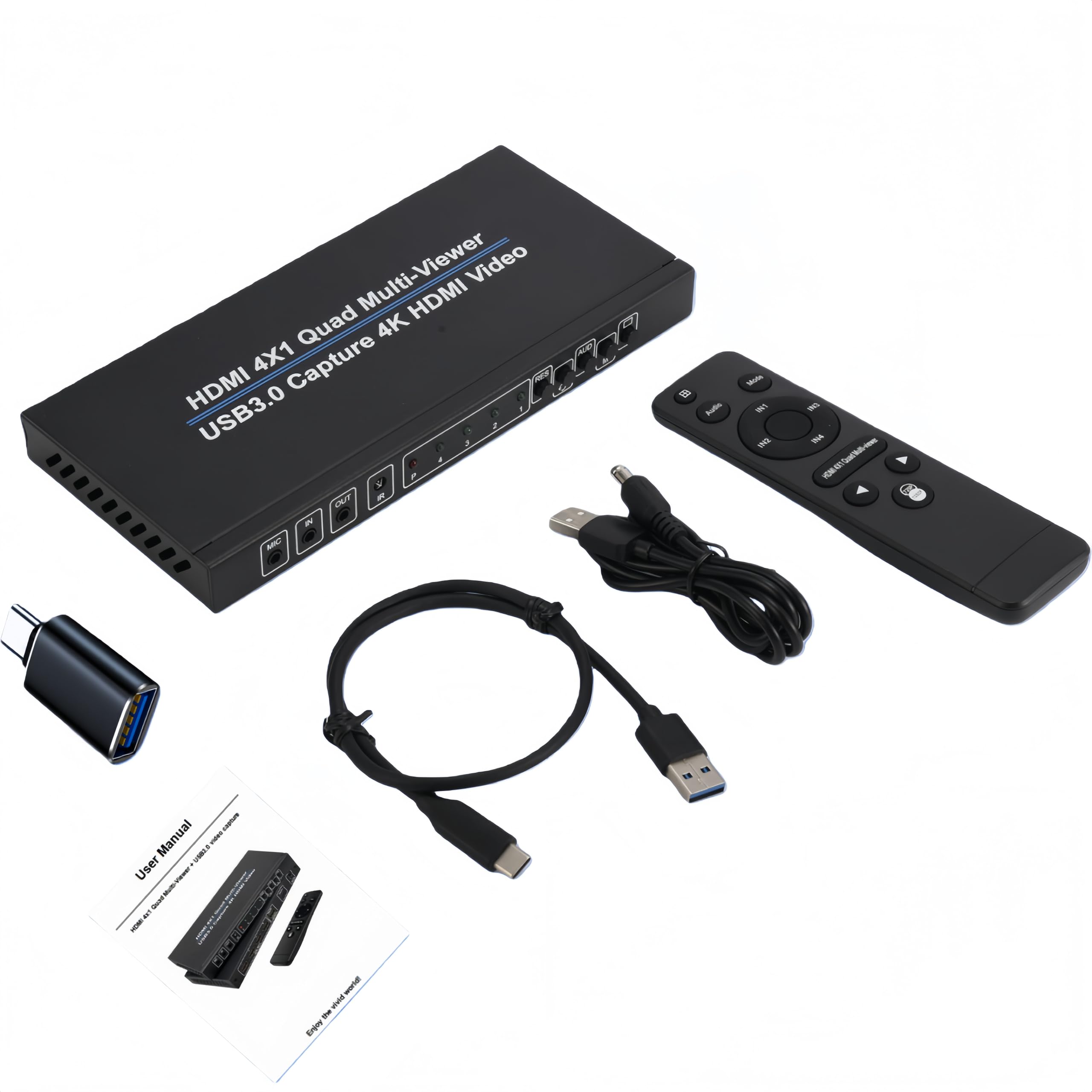 ACHAVE HDMI 4x1 Quad Multi-Viewer con acquisizione USB 3.0, convertitore video 4K, 10 modalità di visualizzazione, compatibile con live streaming, nero metallizzato