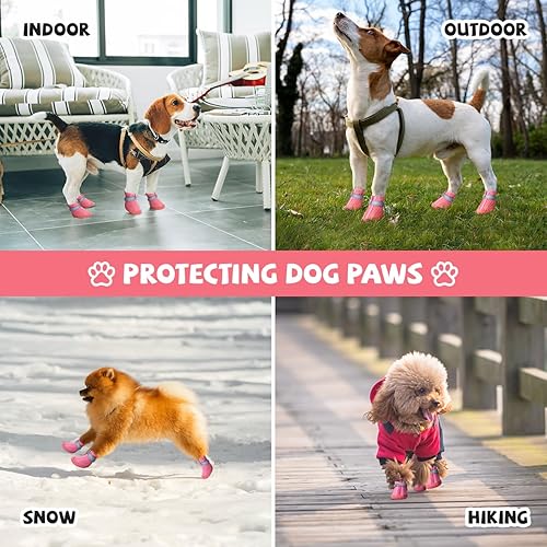 Miniatura 8 de Zapatos rosas para perros pequeños, botas antideslizantes para perros con tiras reflectantes, protectores de patas de cachorro para exteriores,