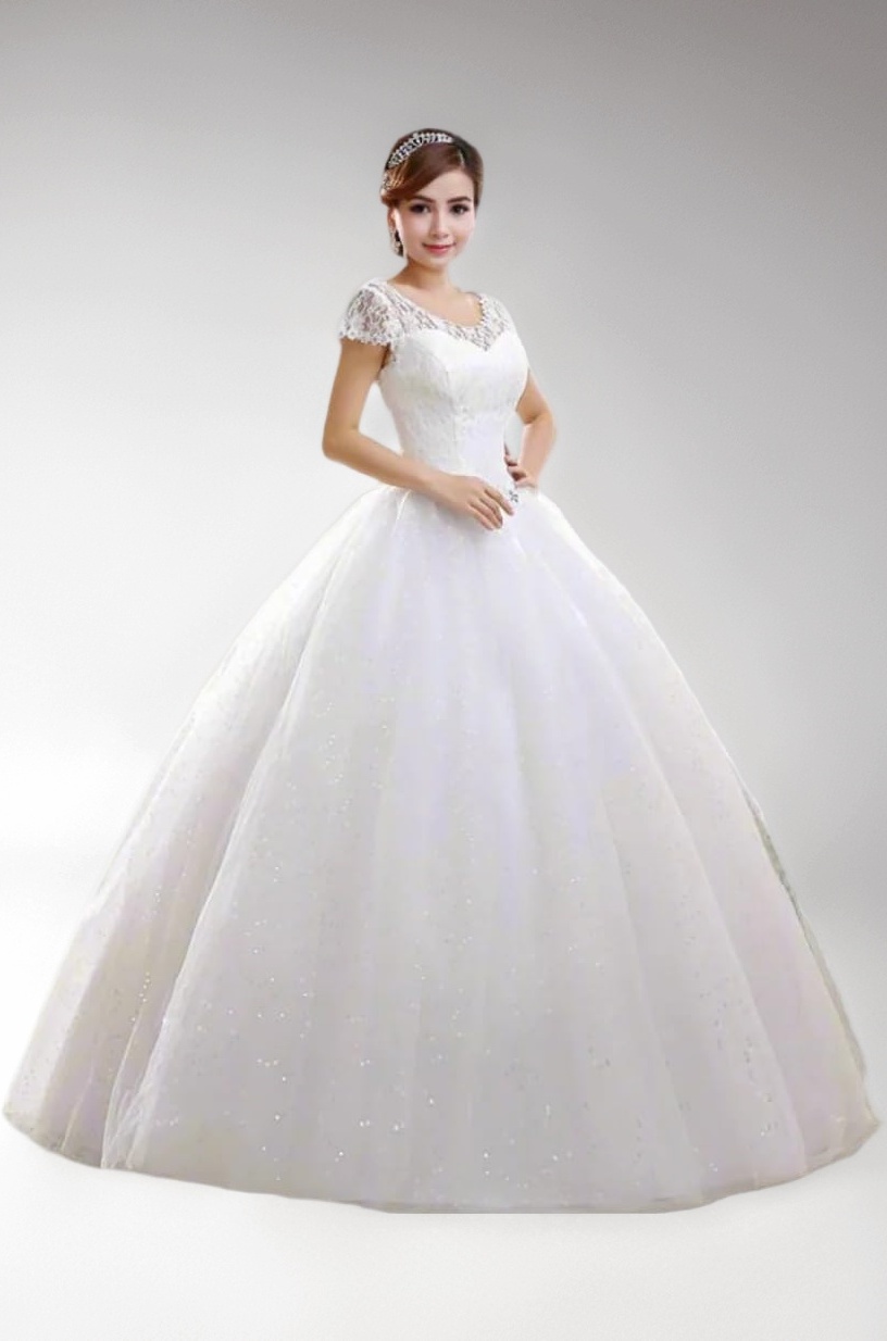 White Full Stitched with Layers Christian Wedding Catholic Wedding White Ball Gown Wedding Dress in White Frock Women with Extra Sleeves (GLHS587) India