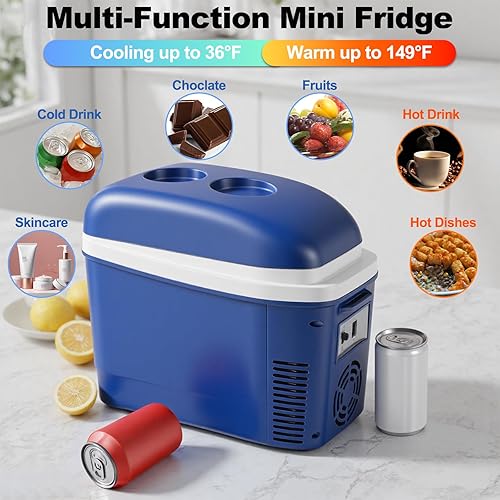 Miniatura 4 de Iceblue Mini refrigerador de 7L9 latas, enchufe de CA y cargador de coche de 12 V, refrigerador pequeño con cinturón, mini refrigerador portátil y