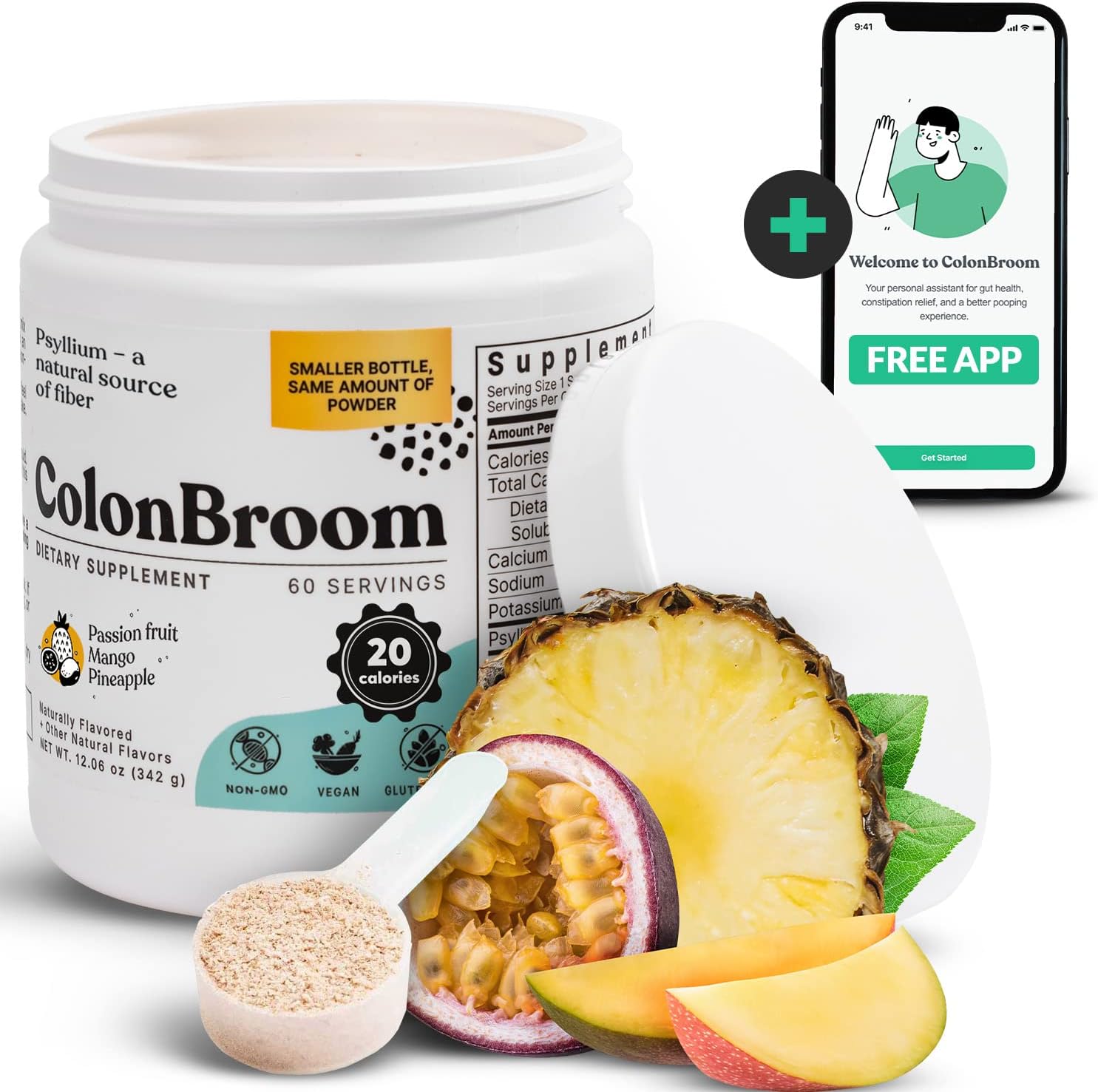 ColonBroom Psyllium Husk Powder Colon Cleanser - Vegan, Gluten Free, Non-GMO Fiber Supplement - Safe Colon Cleanse for Constipation Relief, Bloating Relief & Gut Health (60 Servings) : Health & Household