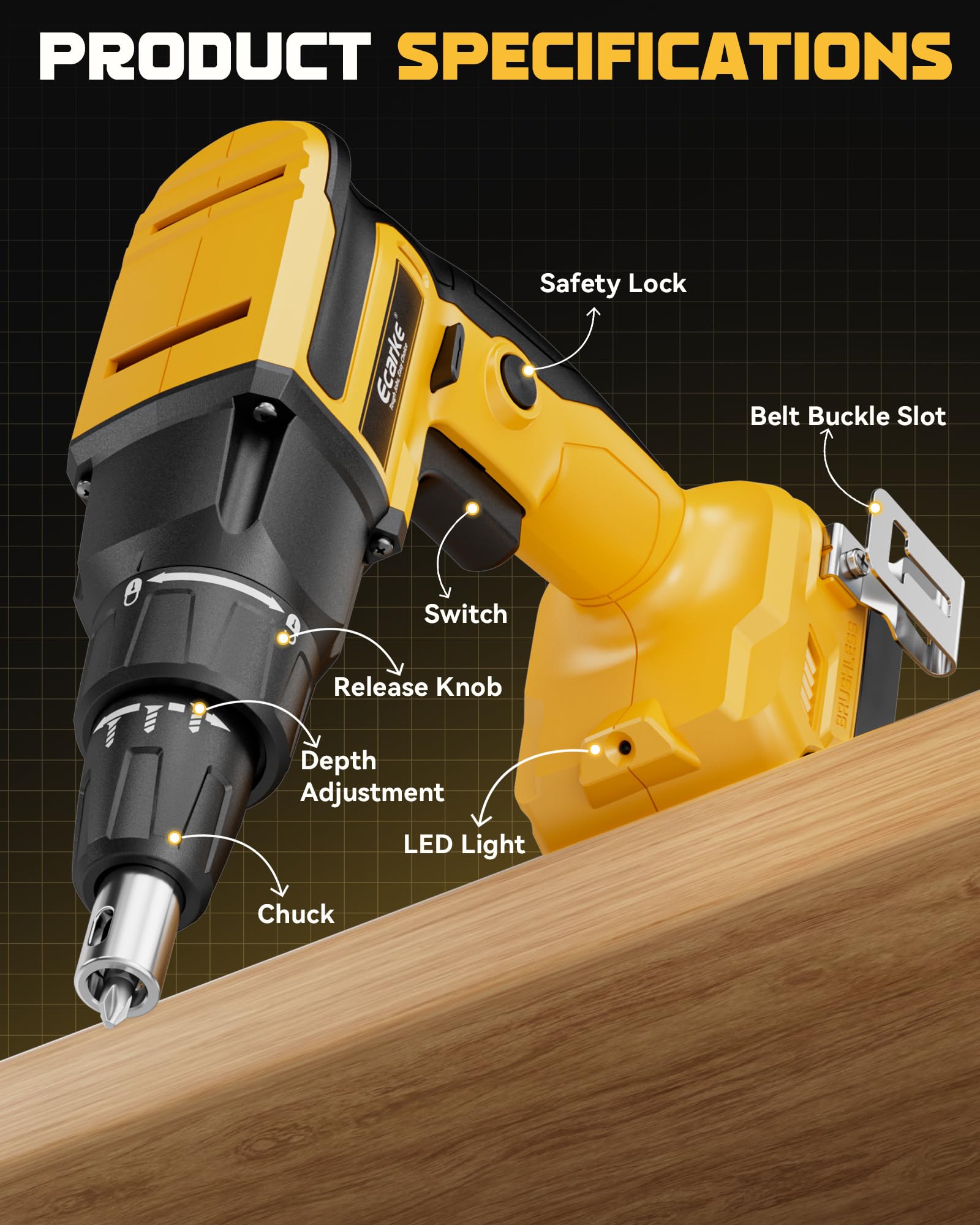 Ecarke Pistola de tornillo para paneles de yeso compatible con la batería DeWalt de 20 V, destornillador rápido de 6000 rpm, destornillador inalámbrico sin escobillas con clip de cinturón, luz LED