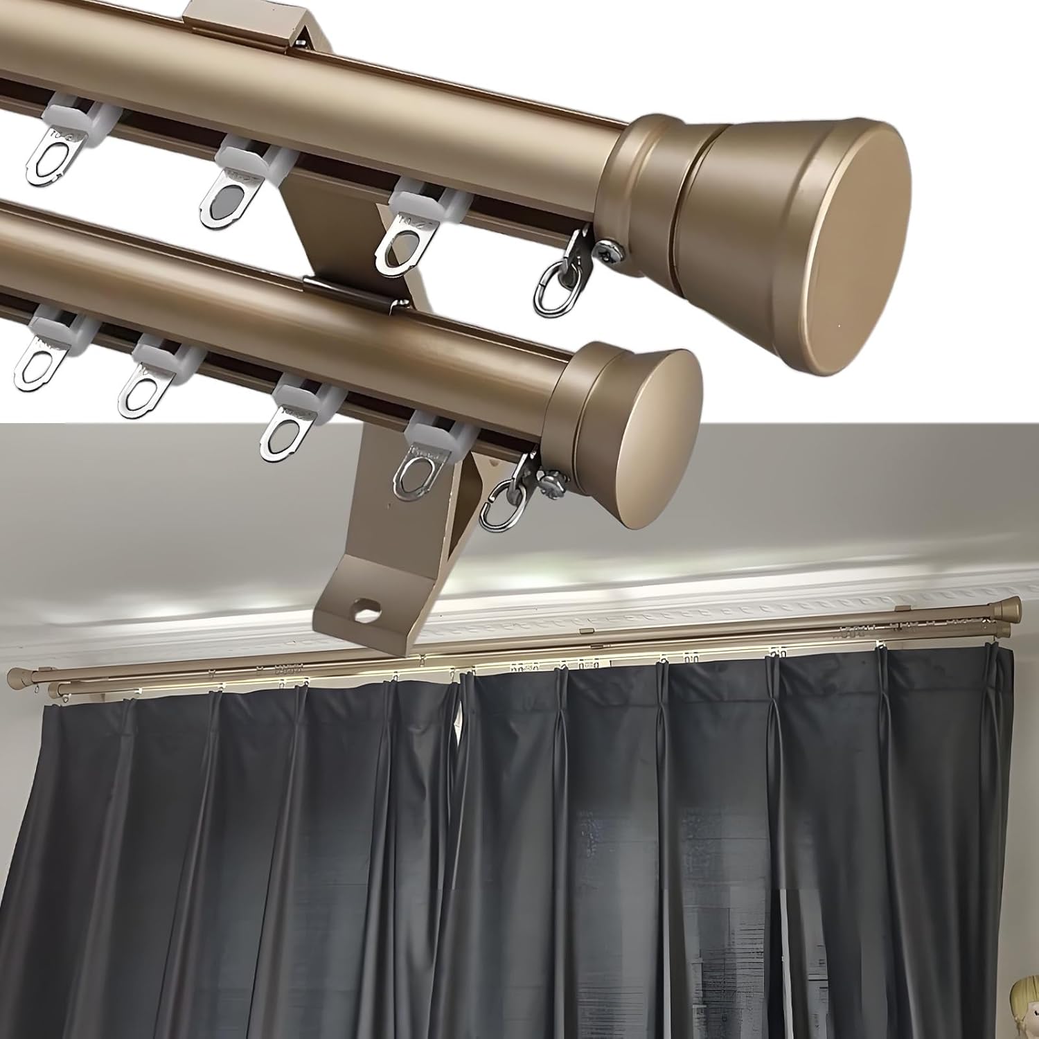 Black Double Rod Curtain, Double Drapery Rods, Decorative Curtain Rods for Window/French Door/Balcony, Heavy Duty, Metal Room Divider Curtains Poles, L 100-400 cm(Black,190cm/6.2FT)