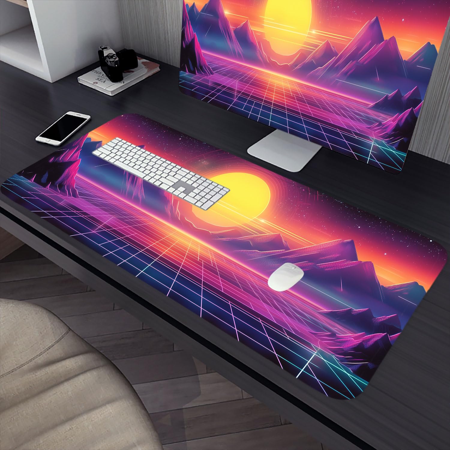 Arcade Horizon Gaming Mouse Pad 80s Neon Estetica Retro Sun Mountains Tappetino per mouse da gioco esteso con bordo cucito Base antiscivolo Grande Mouse Pad 80 x 30 cm Ufficio Home Decor per donne e