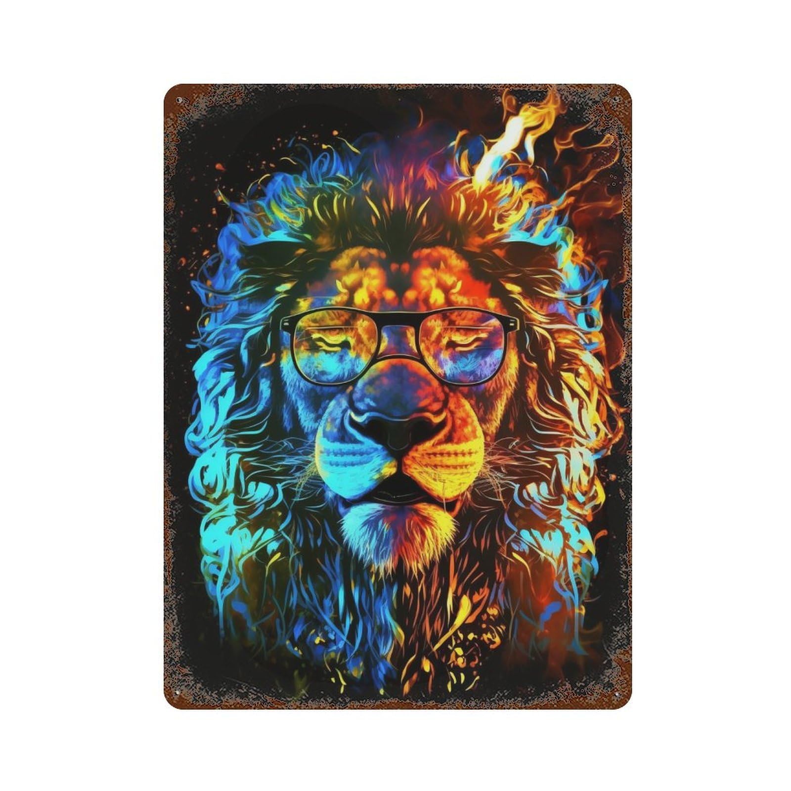Flaming Lion Sunglasses Art Print -2 15.7"x11.8" Vintage Rust Metal Sign, Shabby Chic Decor for Cafe, Home Bar And Lounge Decor
