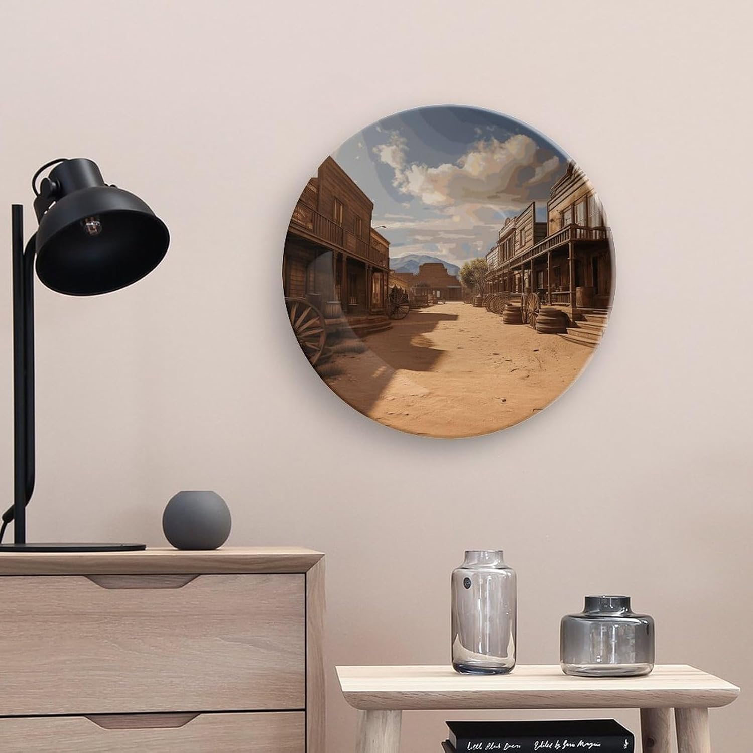 Old Wild West Cowboy Town Ceramic Plate 10inch Decorative Bone China Wall Hanging Ornament Plates Bohemian Style Dinner Plate with Display Stand Cabinet Display Plates for Home Art Decor