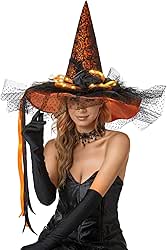 Halloween Women Witch Hat with LED Lights Costume Gauze Feathers