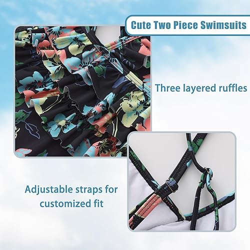 Miniatura 4 de Traje de baño tankini de dos piezas para niñas, traje de baño hawaiano con volantes para niñas de 3 a 16 años