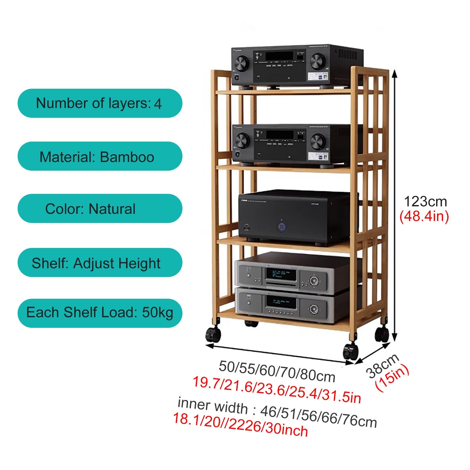 2 3 4 5 Tier Stereo Rack System Cabinet with Height-Adjustable Shelf & Wheels, Bamboo Heavy Duty AV Media Stand Shelf Entertainment Stereo Components Organizer ( Color : 4 tier-123CM , Size : W-70CM )