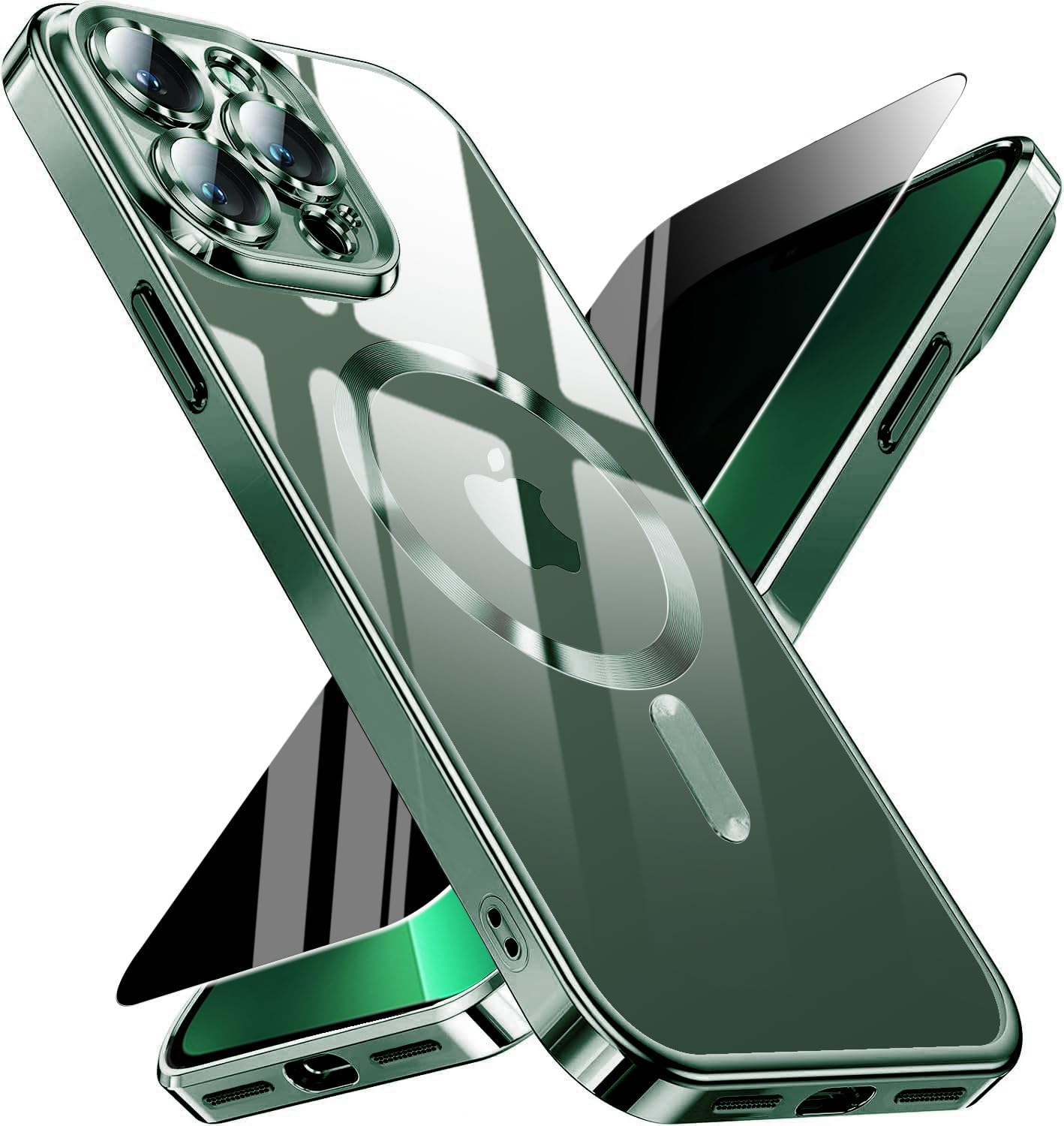 Magnetic for iPhone 13 Pro Max Case with Privacy Screen Protector &amp; Full Camera Cover,[Non-Yellowing] Plating Glossy Soft Shockproof Clear Phone Case with MagSafe Women Girls for 13 ProMax,Green