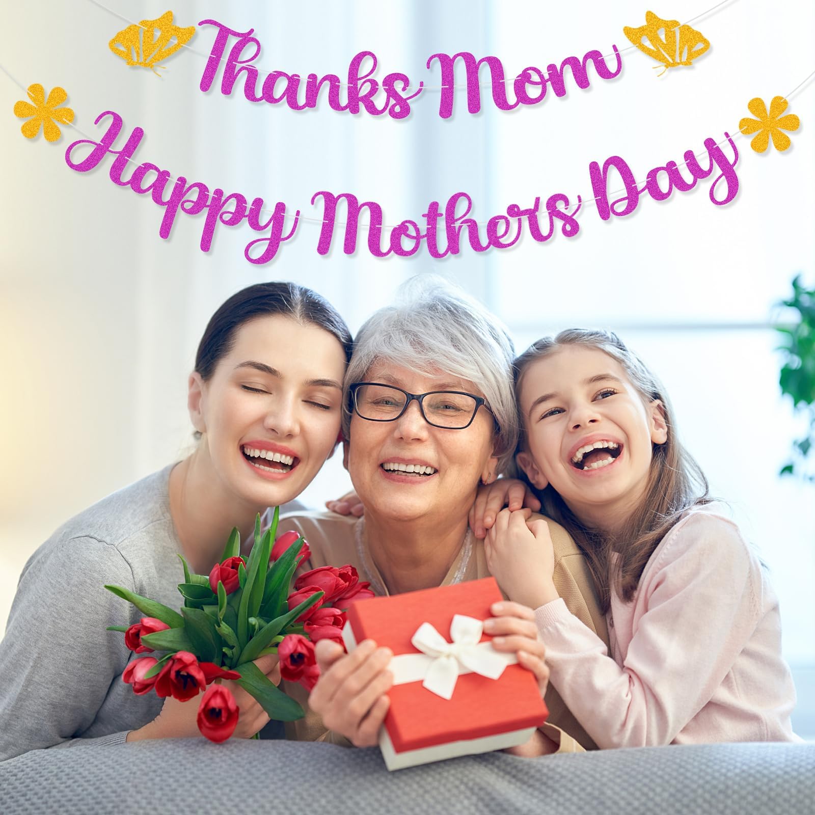 Happy Mother's Day Banner Set - 3 Piece Glitter Garland Decor For Party Backdrop, Photo Props & Wall Decoration (Pink)