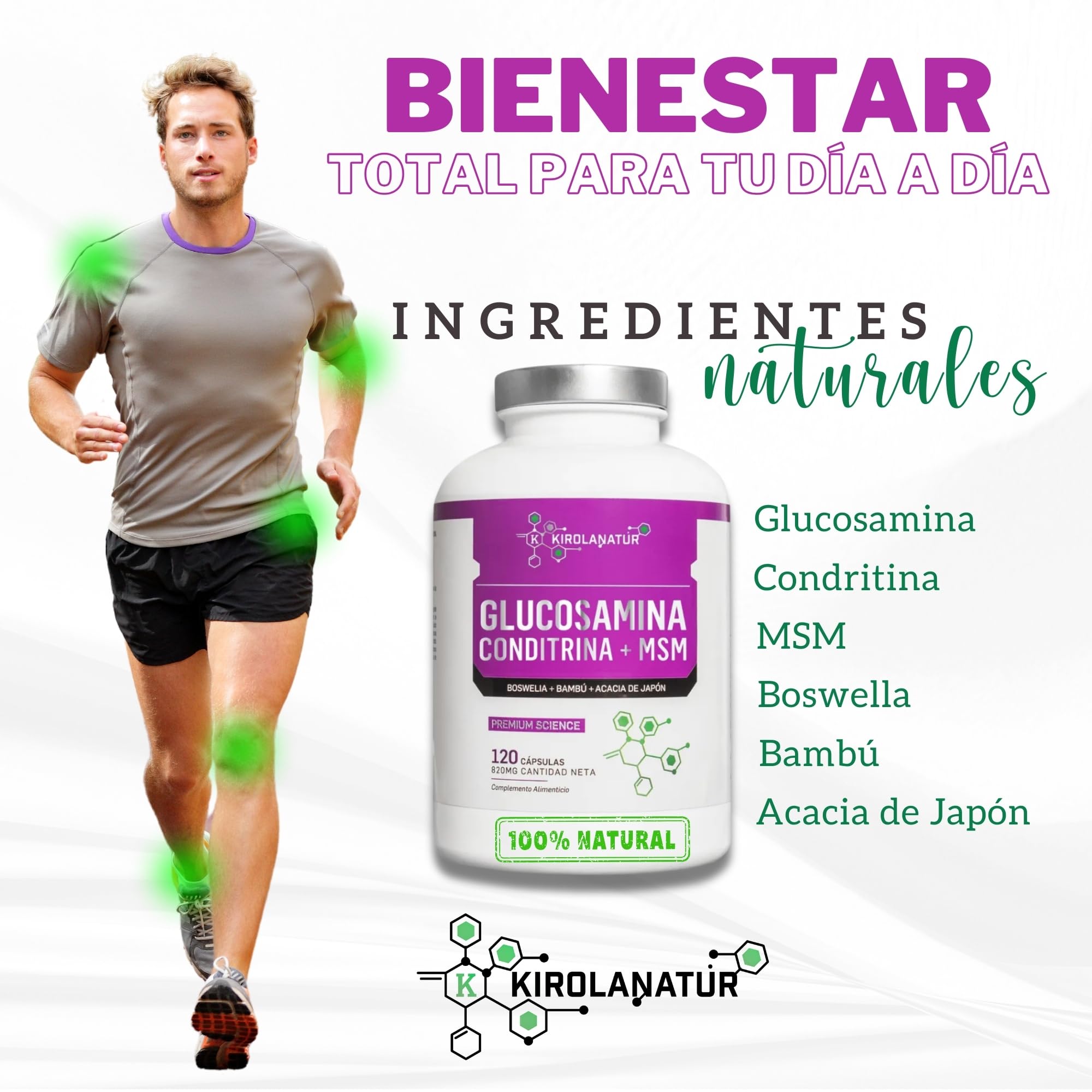 Glucosamina Condritina con Boswellia - Apoyo Articular - Fortalece tus cartilagos - Antiinflamatorio Natural – 120 Capsulas | KIROLANATUR