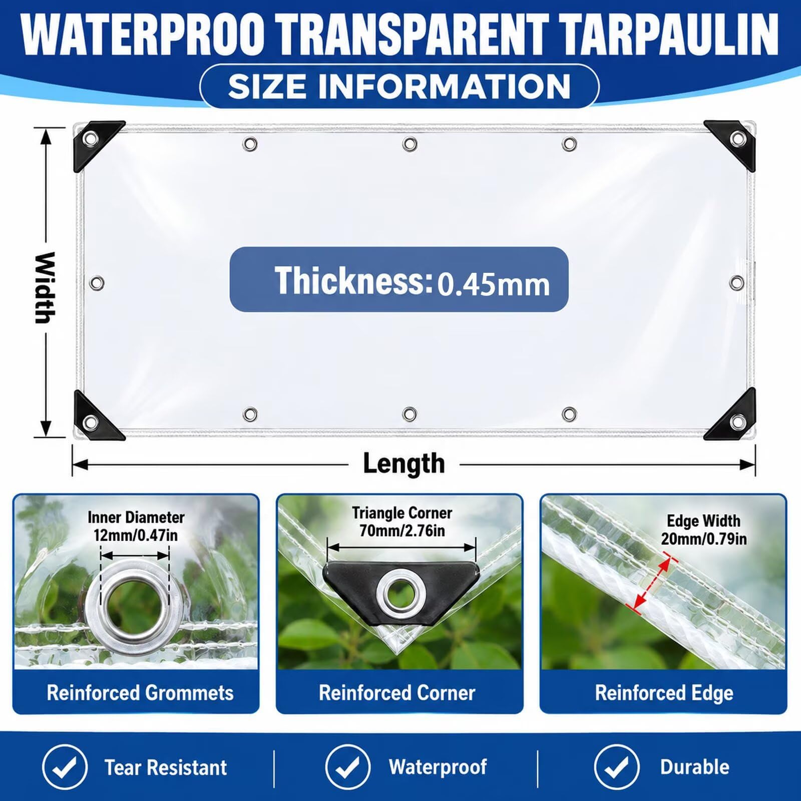 Telone con occhielli, trasparente con occhielli, telo di copertura in PVC, impermeabile, protezione dal vento, protezione solare per balcone, giardino, serra (3.5 m x 3.6 m)