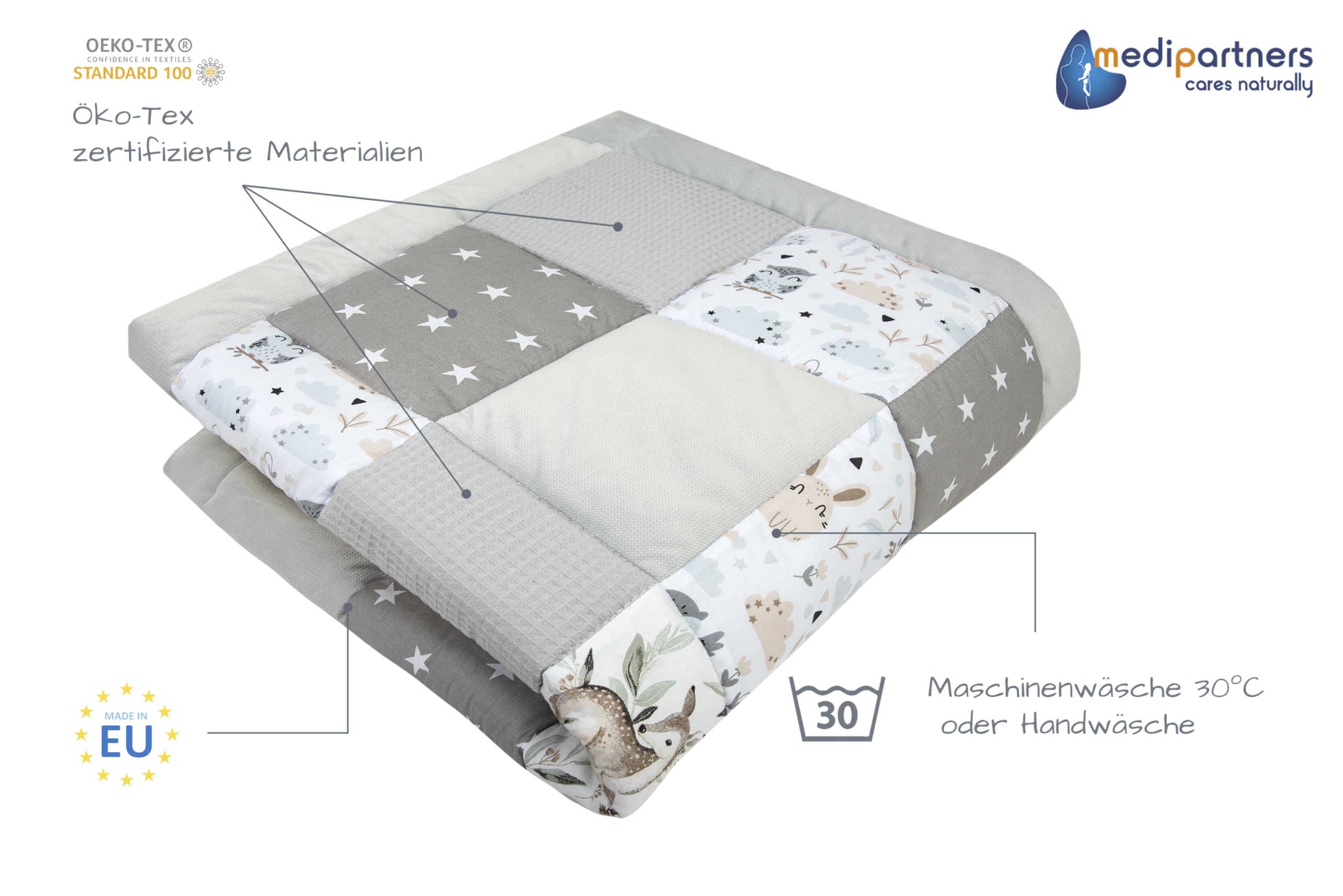 Medi Partners Krabbeldecke für Baby Spielmatte 100% Baumwolle Krabbelmatte - 120x120cm Krabbeldeck Dick Weich Decke Laufgittereinlage Babydecke Minky Waffel Spielbogen (Hirsch in Blättern) - 2