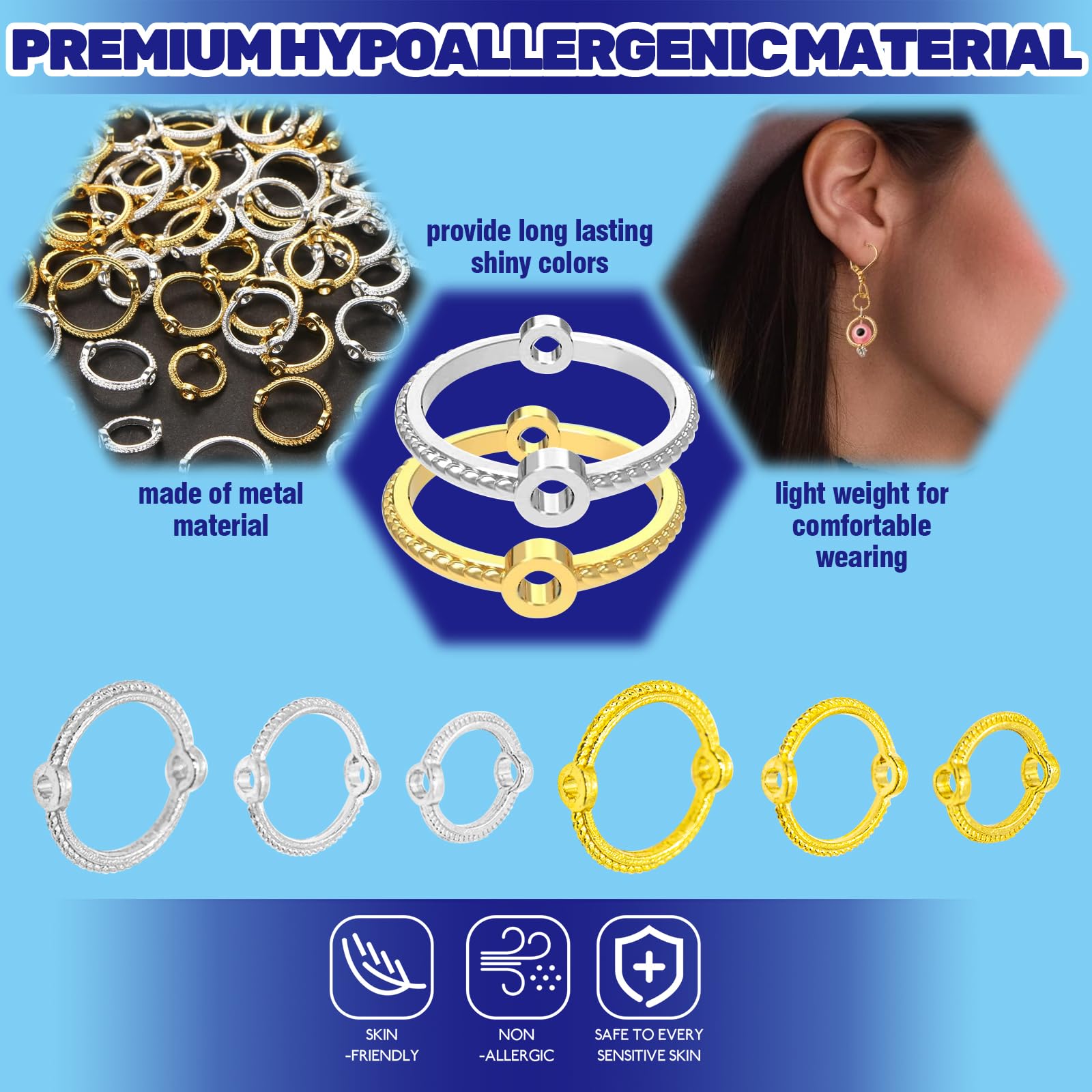 Waltool 300Pcs Double Hole Bead Round Frames Links Connectors Assortment Set, 6# 8# 10# Gold & Silver Bead Frame Jewelry Making Findings for Beading Earring Bracelet Necklace Keychains DIY - Image 3