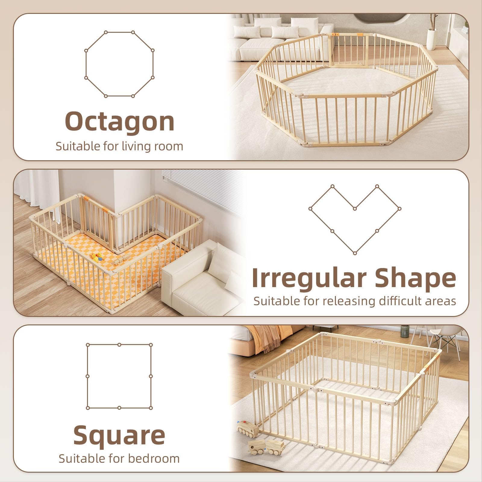 Baby Playpen, Wooden Playpen For Babies and Toddlers, Foldable Play Yard with Gate, 8 Panels Baby Fence, Indoor Play Area, Child Activity Center — view 7