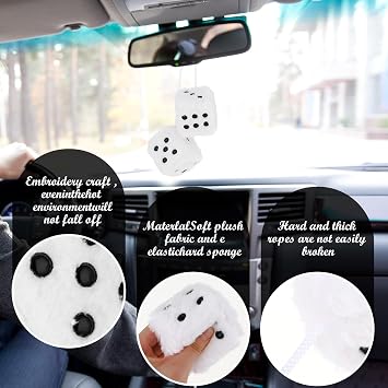 Fuzzy Plush Dice for Car Mirror 2.36 Pair of Retro Square Decoration Dice with White Dots Car Interior Hanging Ornament Decoration(White)