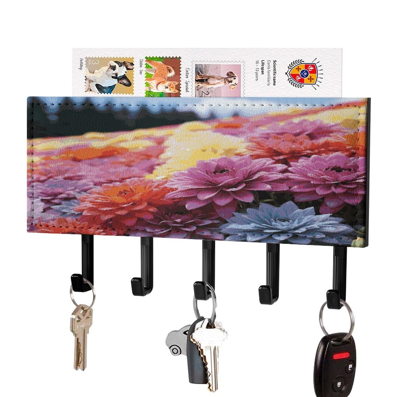 FekiLoot Rainbow Flower Sea Key Holder for Wall Decorative Mail Organizer with 5 Key Hook Self Adhesive Key Rack with Tray Coat Rack Wall Mount Key Hanger Decor for Entryway Door