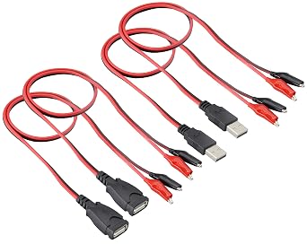 USB to Alligator Clip Adapter Cable - Jumper Probe Test Wire 24AWG Red & Black - 4 Pack / 50cm