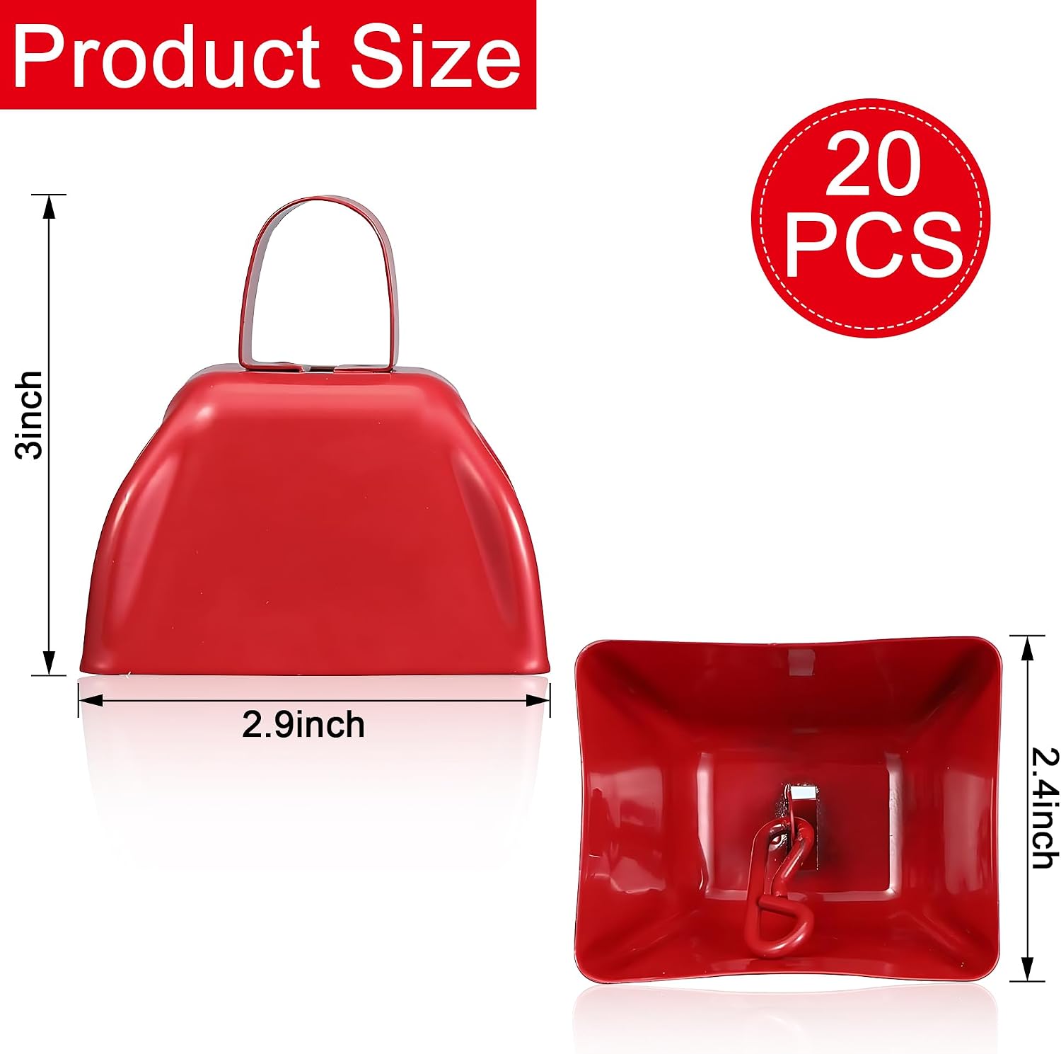 20 Pack Metal Cowbells, 3 Inch Red Cow Bells for Sporting Events, Loud Cow Bell Ideal Hand Percussion, Cowbells Noise Makers for Sporting Events, Football Games, Celebrations, and DIY Paint