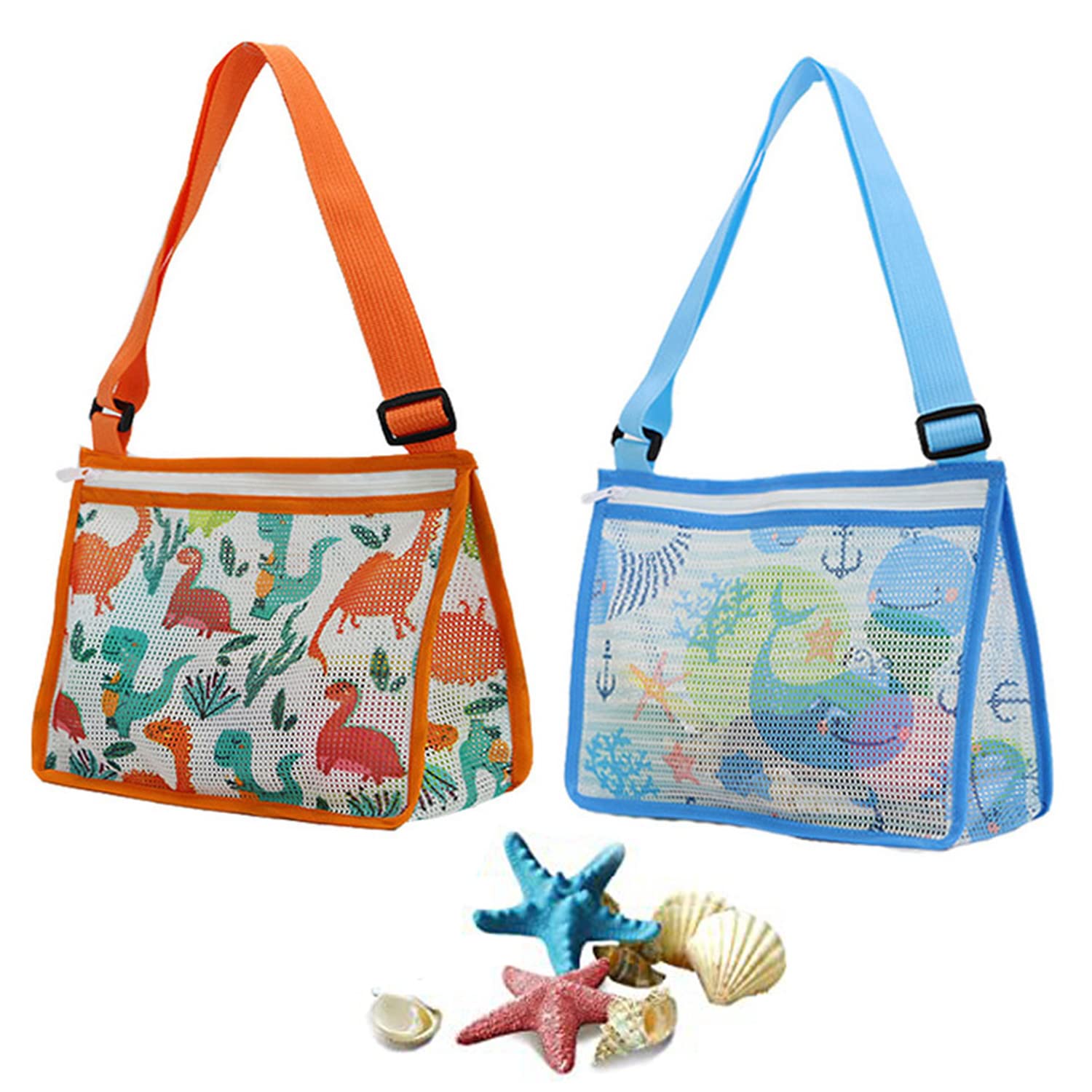 Mesh Beach Bag Seashell Beach Toy Bags Shell Collecting Totes Expandable Beach Sand Toy with Printing and Adjustable Carrying Straps (2pcs, Sky Blue+Orange)