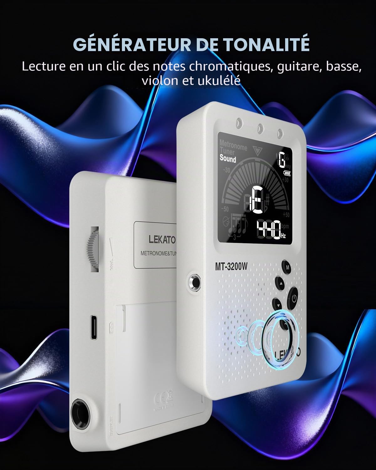 LEKATO 3 en 1 Accordeur Métronome, Rechargeable Accordeur de Métronome Numérique et Générateur de Tons pour Guitare, Basse, Violon, Ukulélé et Chromatique pour tous Instruments, Blanc